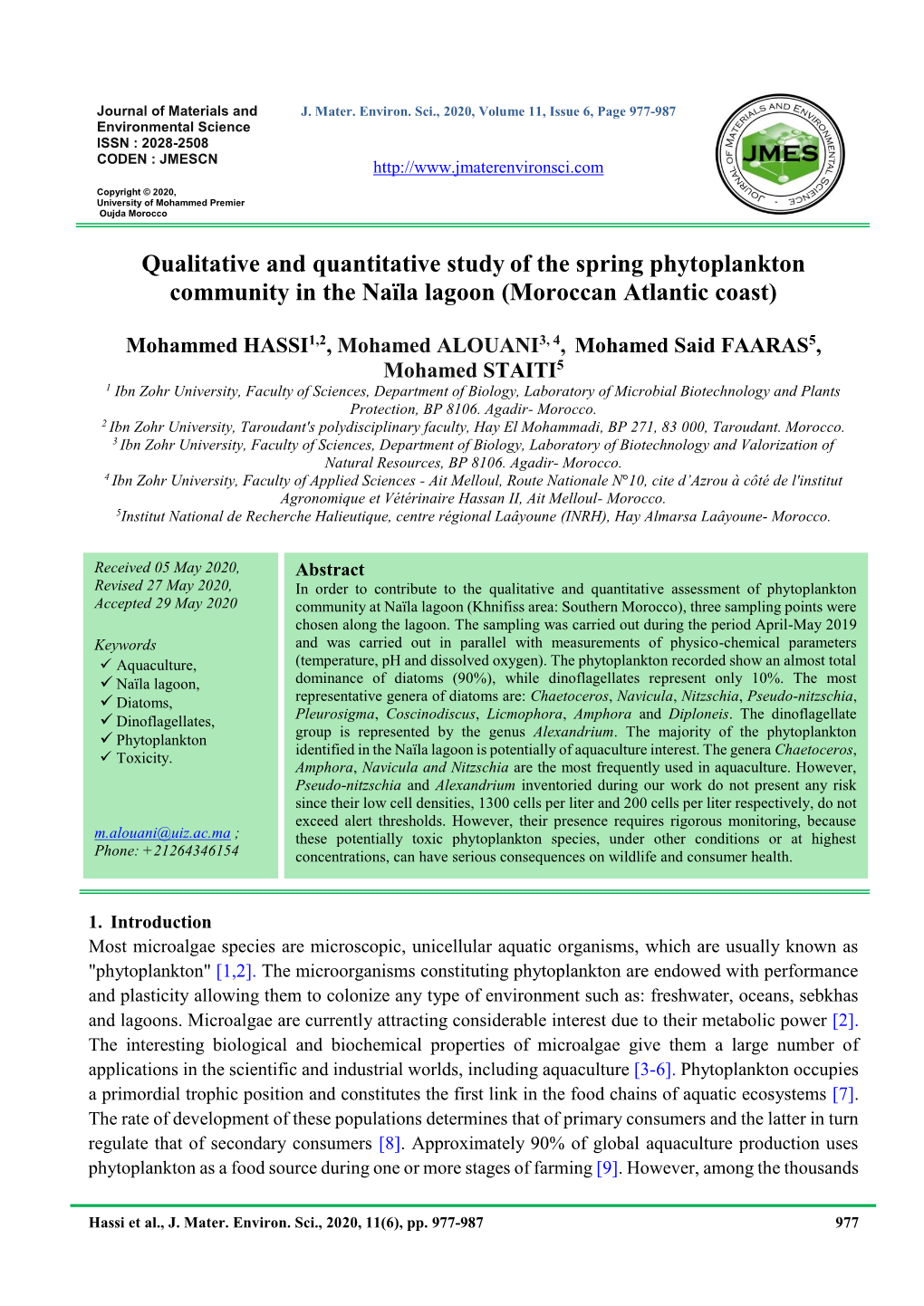 Qualitative and Quantitative Study of the Spring Phytoplankton Community in the Naïla Lagoon (Moroccan Atlantic Coast)