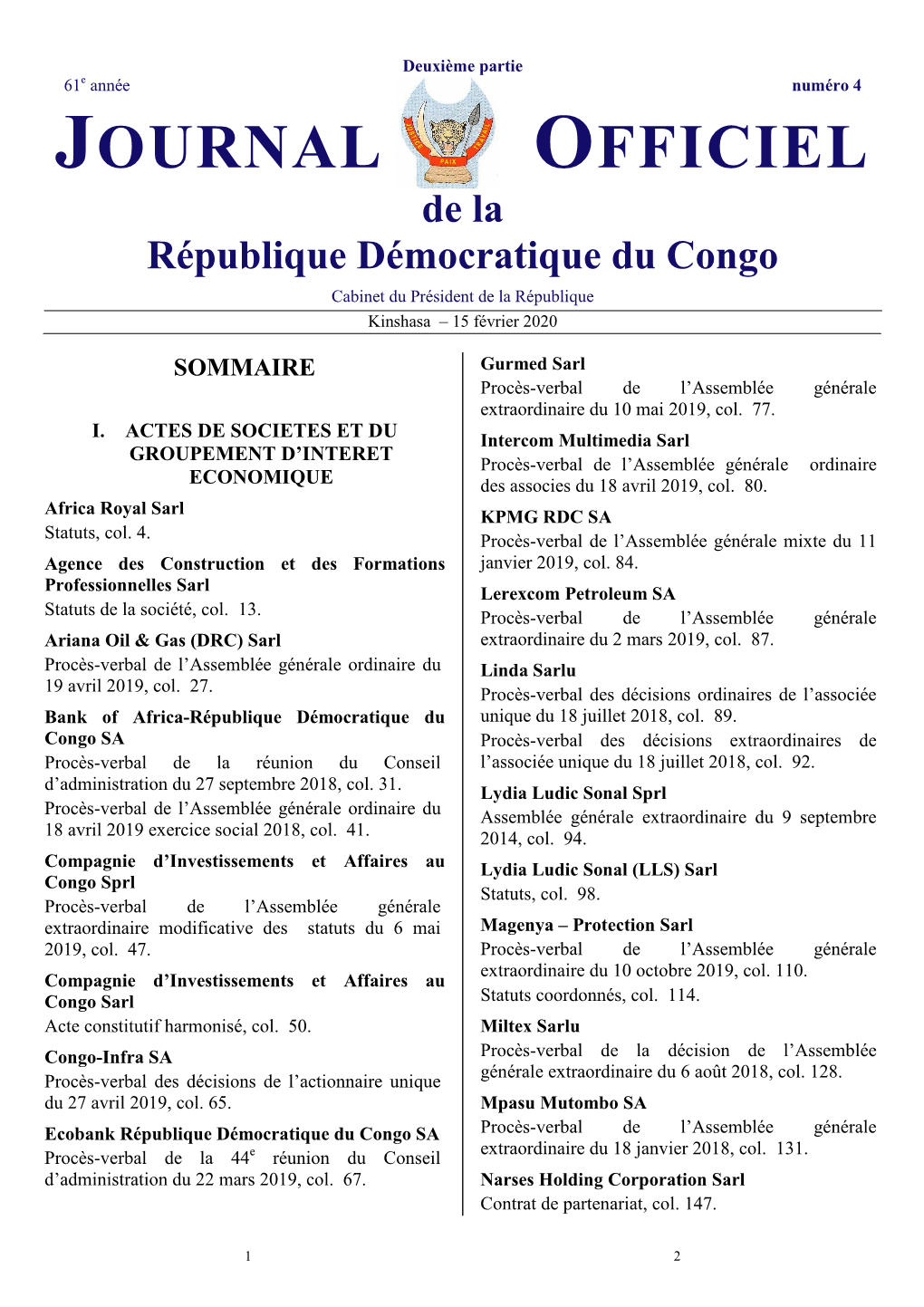 JOURNAL OFFICIEL De La République Démocratique Du Congo Cabinet Du Président De La République