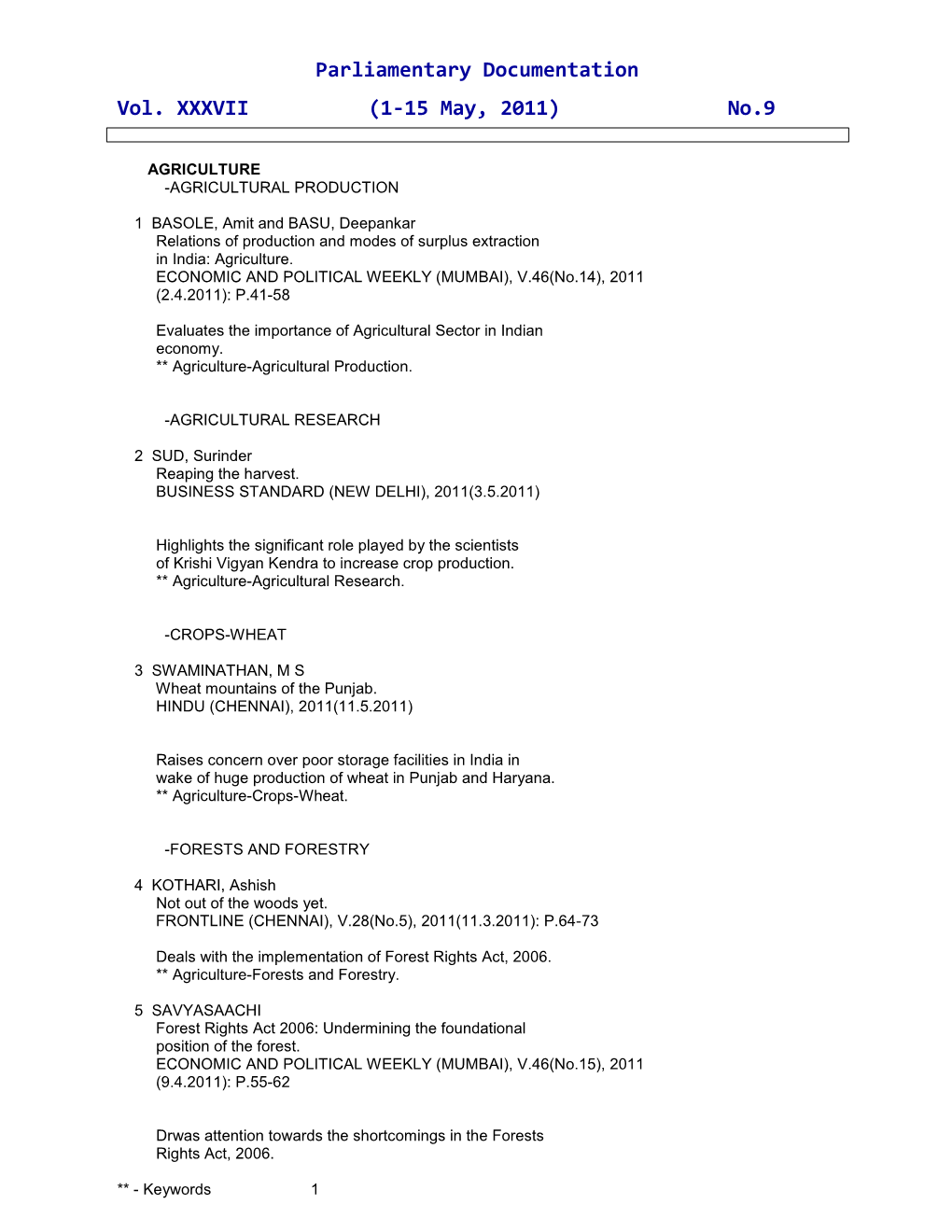 Parliamentary Documentation Vol. XXXVII (1-15 May, 2011) No.9