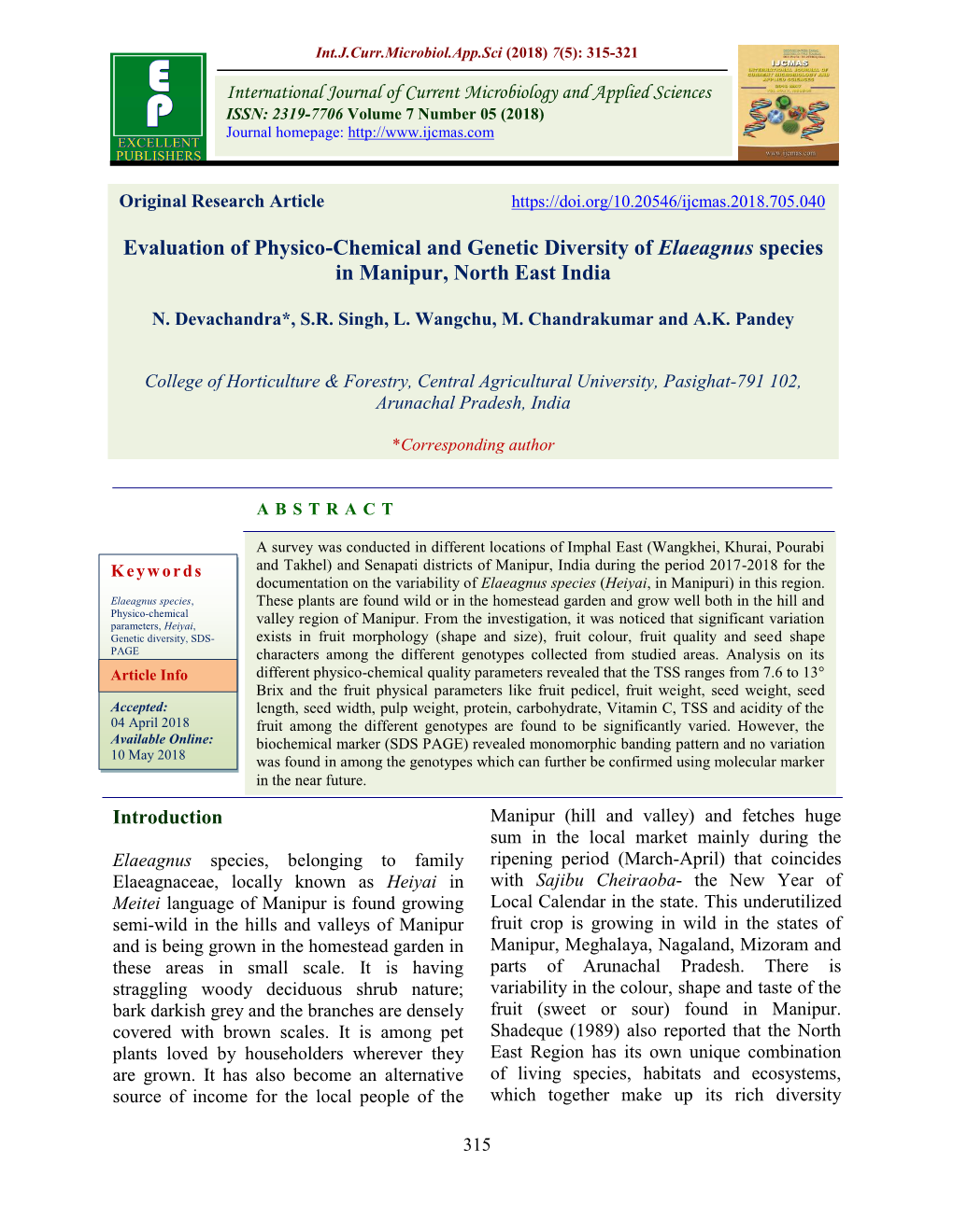 Evaluation of Physico-Chemical and Genetic Diversity of Elaeagnus Species in Manipur, North East India