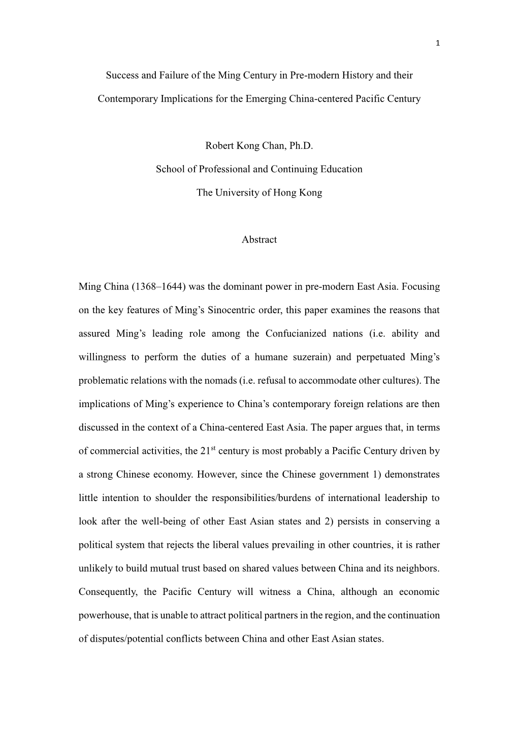 Success and Failure of the Ming Century in Pre-Modern History and Their