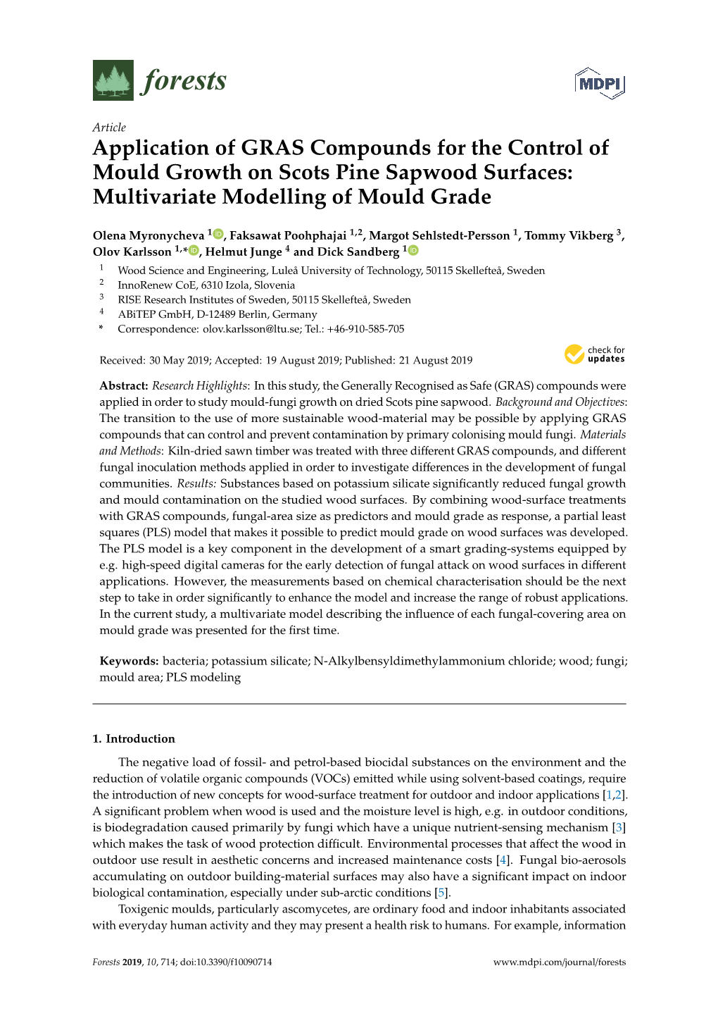 Application of GRAS Compounds for the Control of Mould Growth on Scots Pine Sapwood Surfaces: Multivariate Modelling of Mould Grade