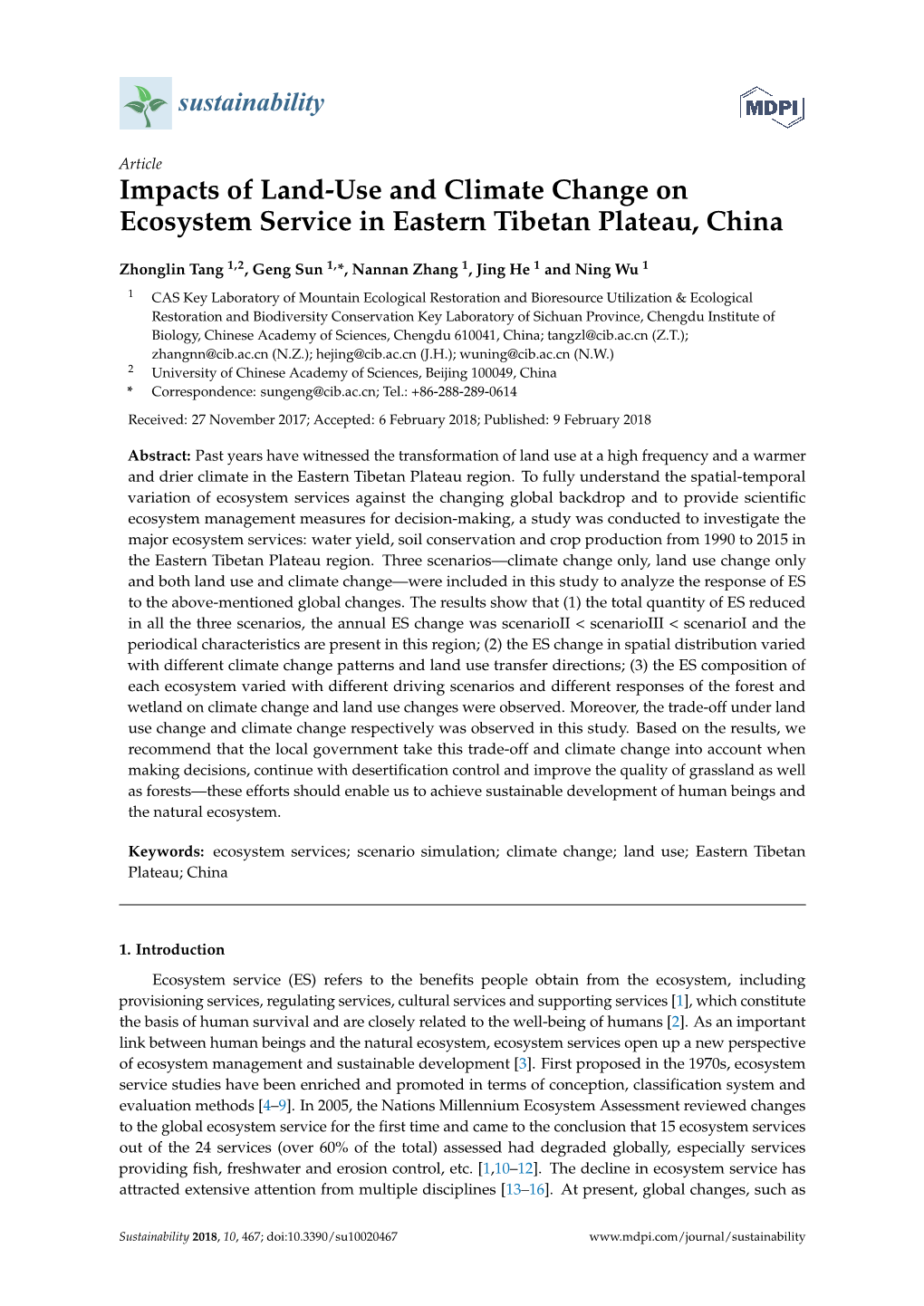 Impacts of Land-Use and Climate Change on Ecosystem Service in Eastern Tibetan Plateau, China