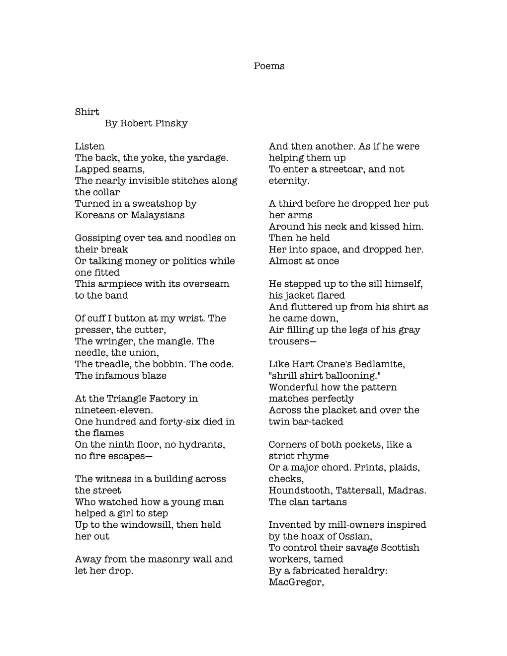 Poems Shirt by Robert Pinsky Listen the Back, the Yoke, the Yardage
