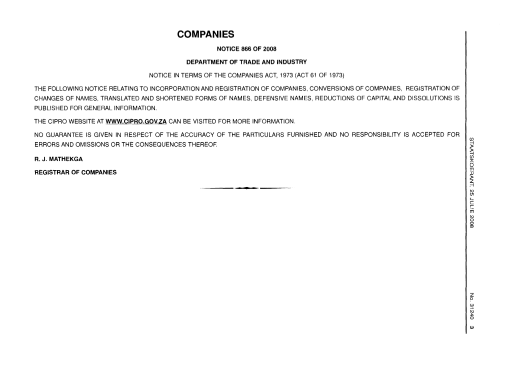Companies - Maatskappye Notice 866 of 2008