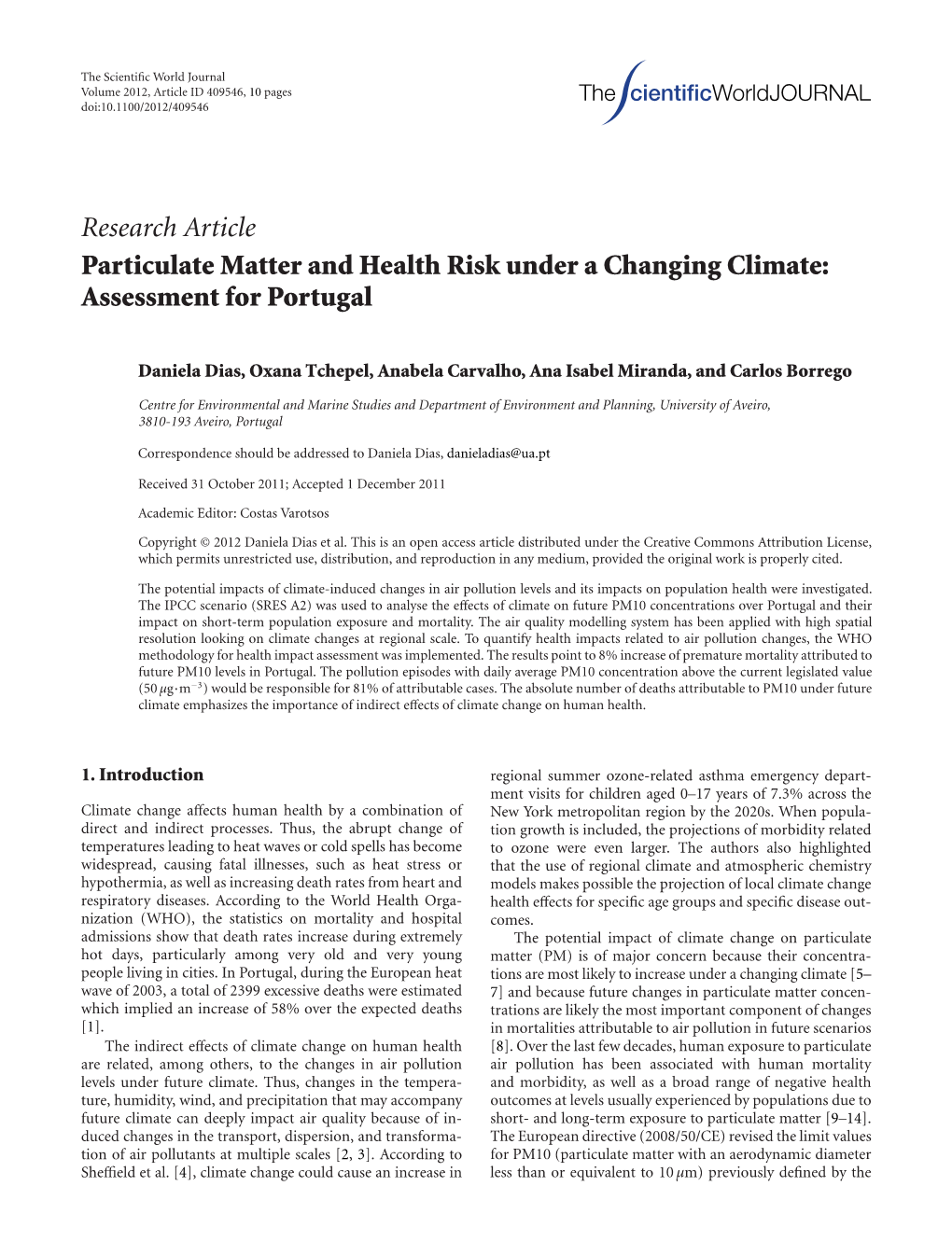 Research Article Particulate Matter and Health Risk Under a Changing Climate: Assessment for Portugal