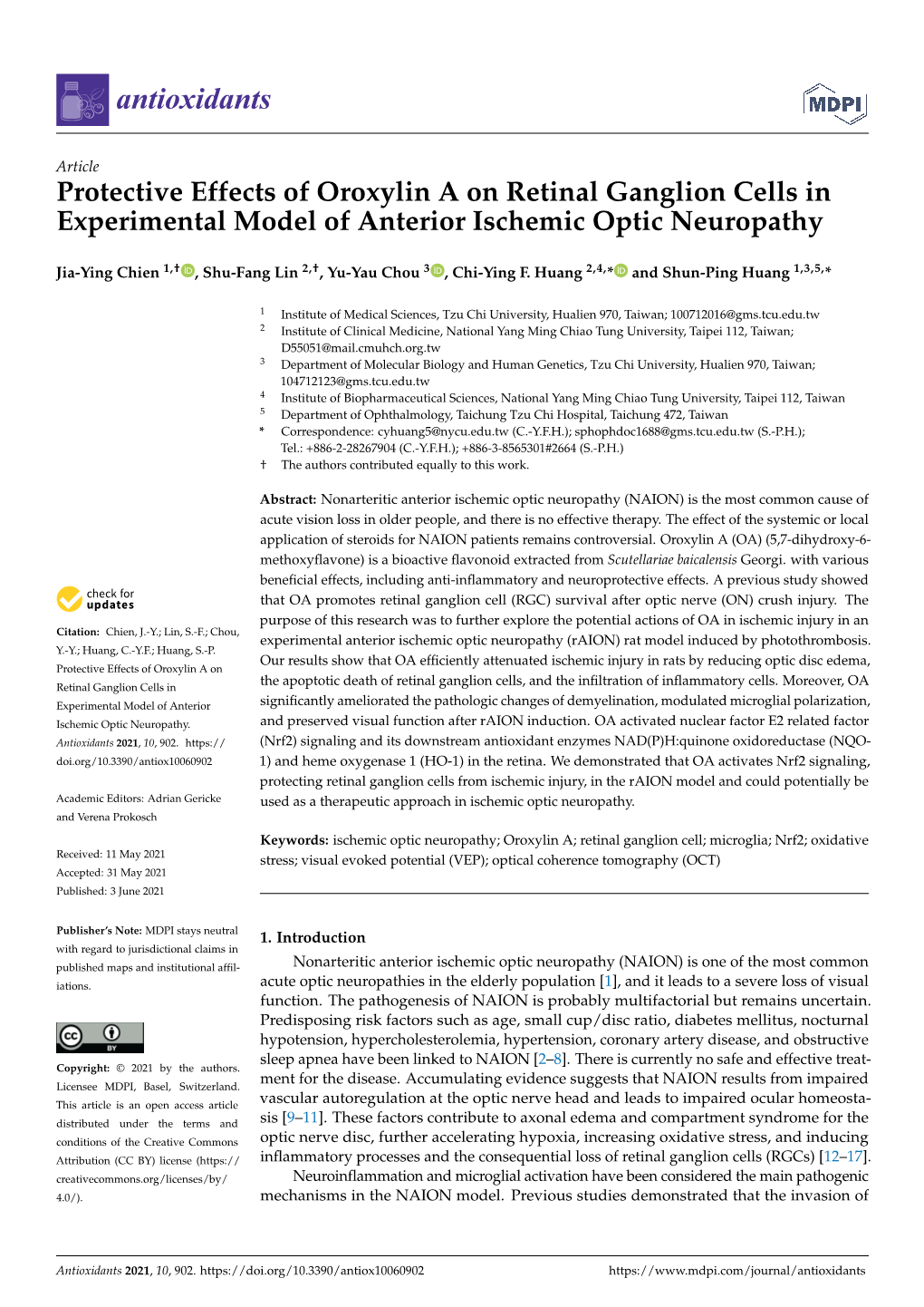 Protective Effects of Oroxylin a on Retinal Ganglion Cells in Experimental Model of Anterior Ischemic Optic Neuropathy