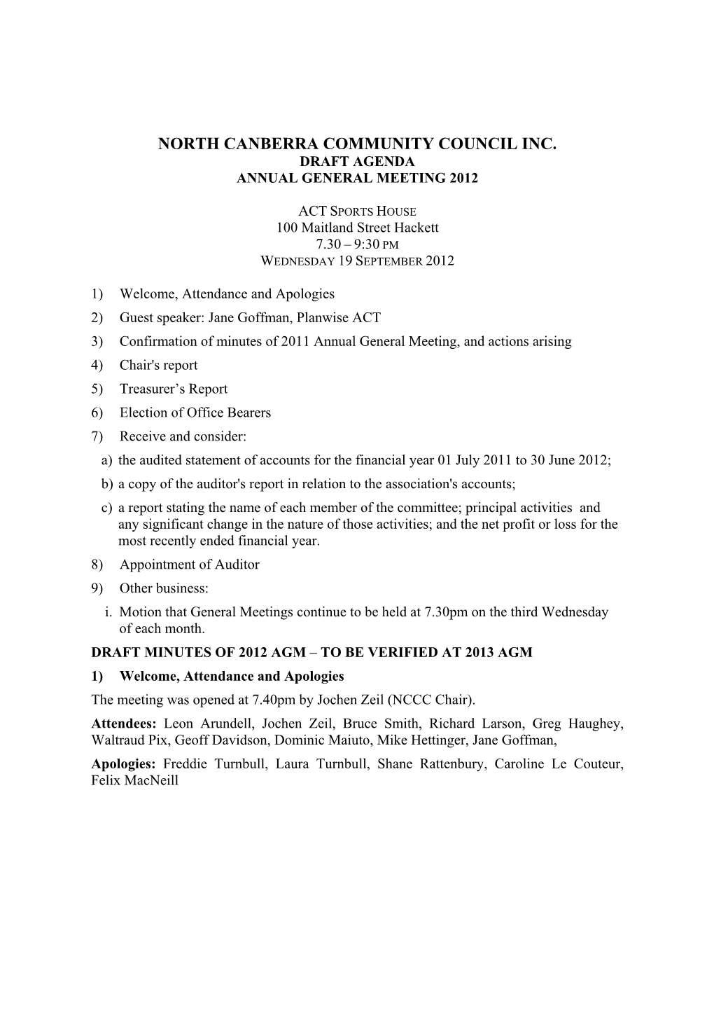 North Canberra Community Council Inc. Draft Agenda Annual General Meeting 2012