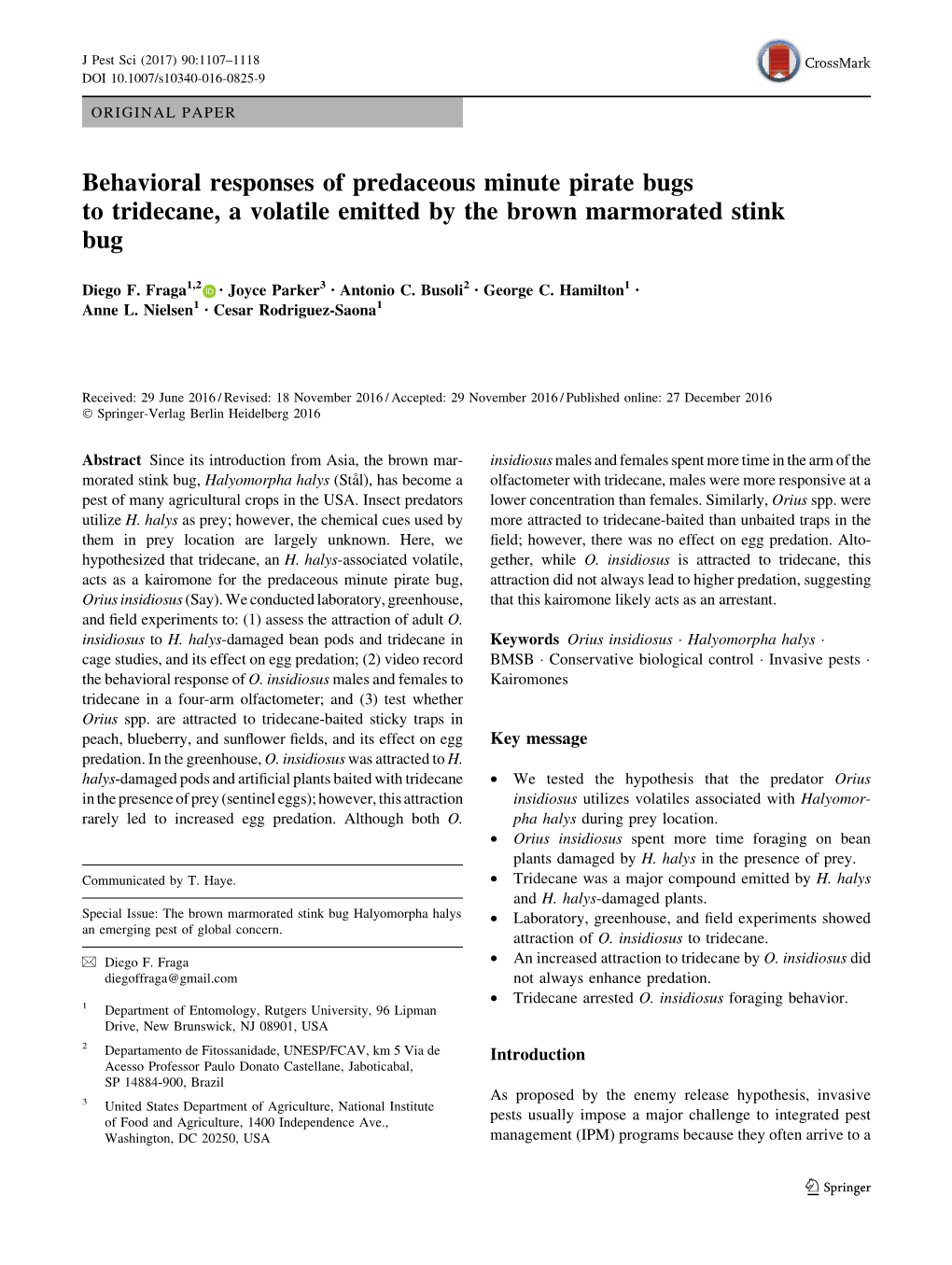 Behavioral Responses of Predaceous Minute Pirate Bugs to Tridecane, a Volatile Emitted by the Brown Marmorated Stink Bug