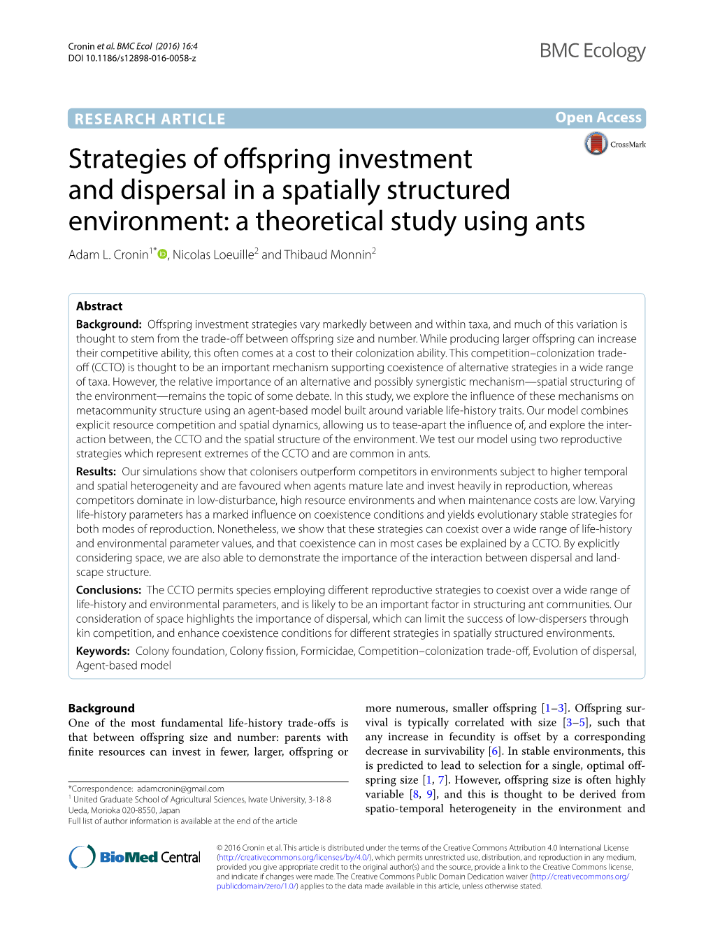 Strategies of Offspring Investment and Dispersal in a Spatially Structured Environment: a Theoretical Study Using Ants Adam L