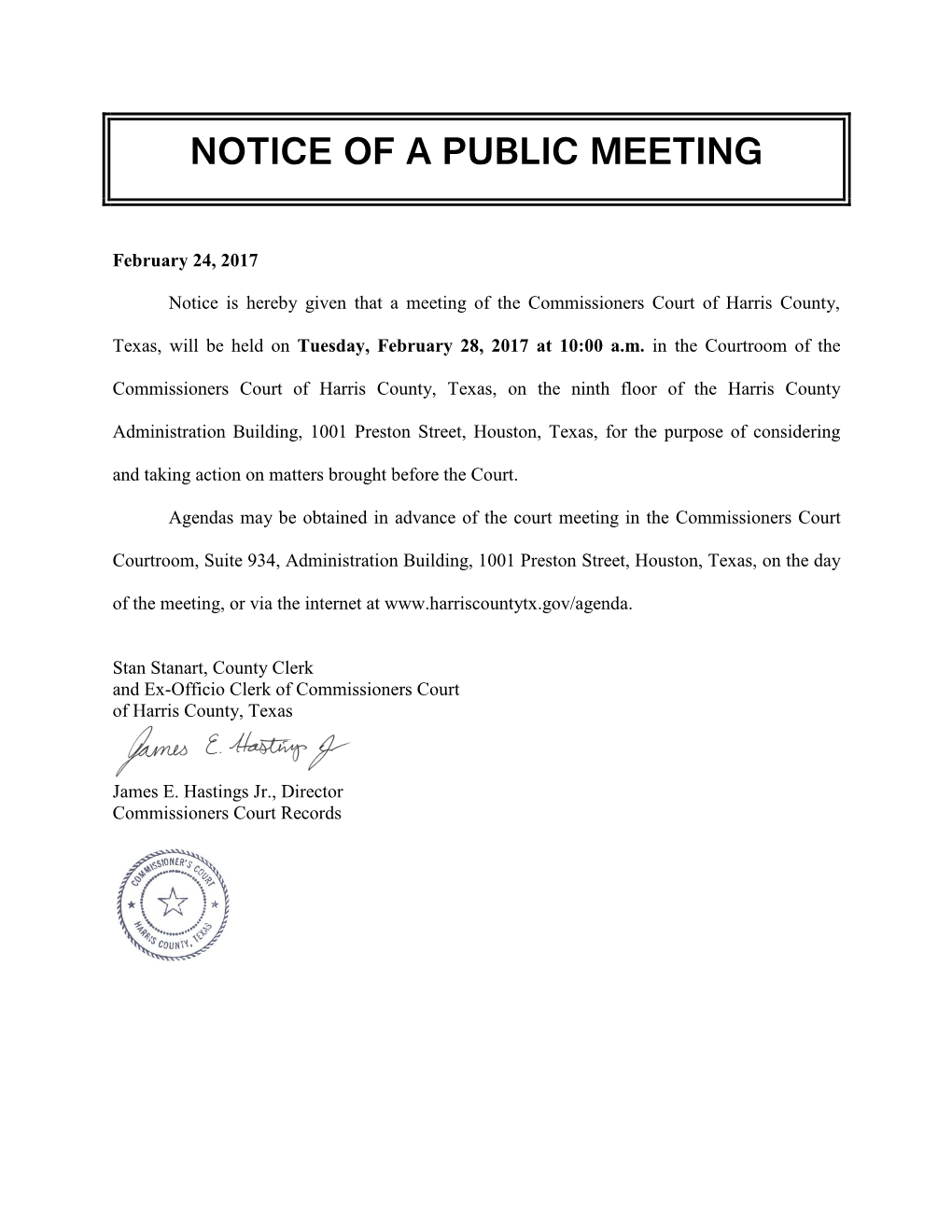 Notice of a Public Meeting