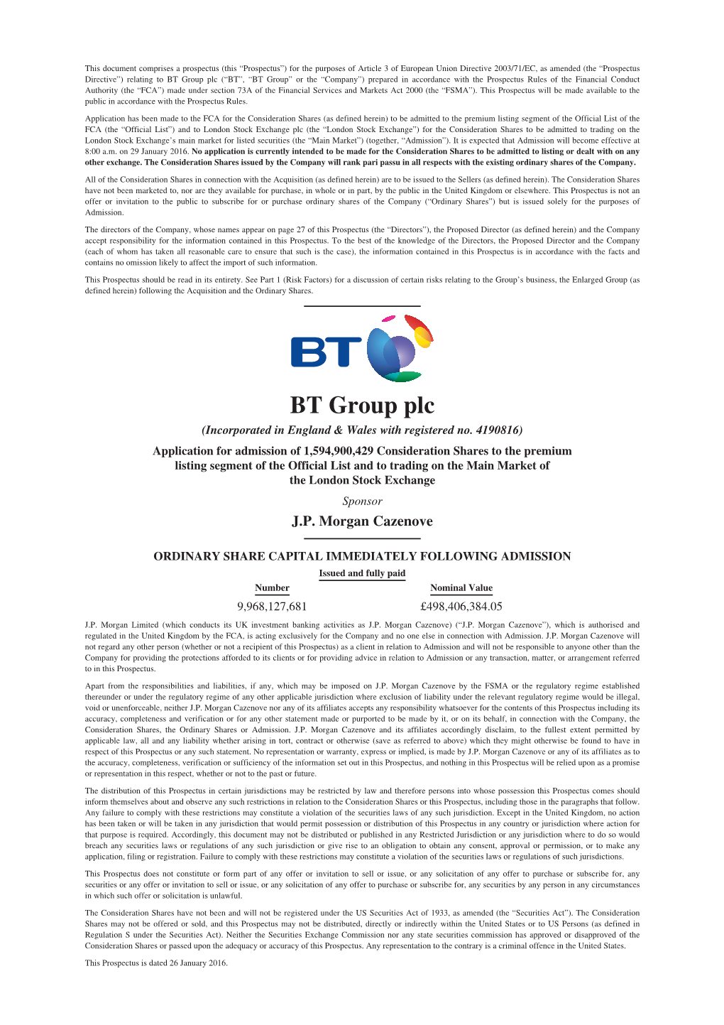 Listing Prospectus Dates 26 January 2016