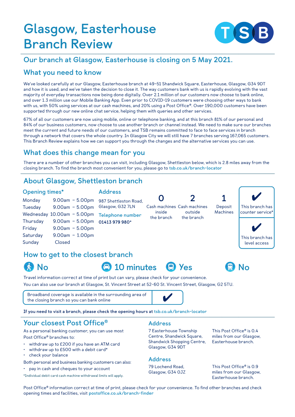 Glasgow, Easterhouse Branch Review Our Branch at Glasgow, Easterhouse Is Closing on 5 May 2021