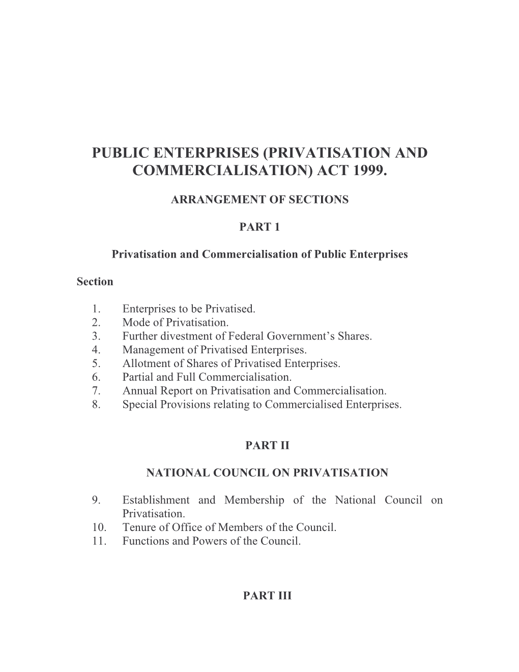 Public Enterprises (Privatisation and Commercialisation) Act 1999