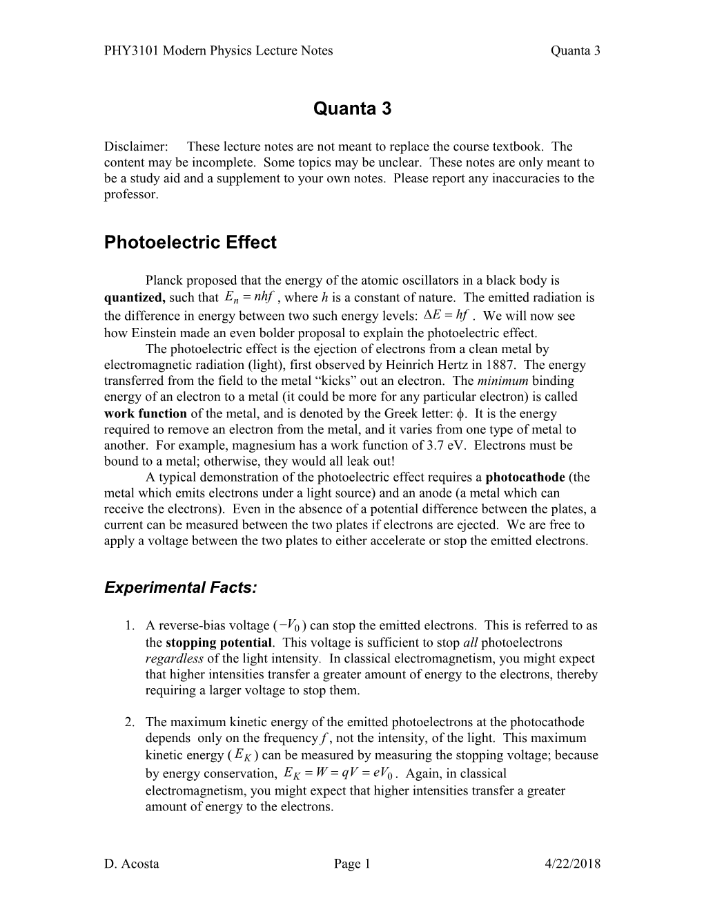 PHY3101 Modern Physics Lecture Notes Quanta 3