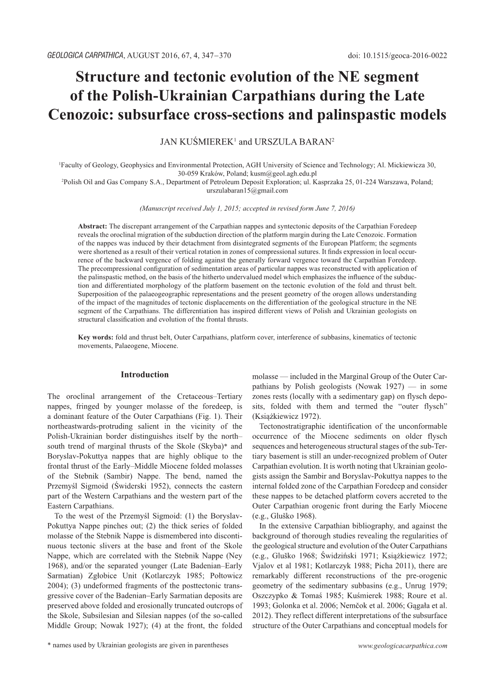 Structure and Tectonic Evolution of the NE Segment of the Polish-Ukrainian Carpathians During the Late Cenozoic: Subsurface Cross-Sections and Palinspastic Models