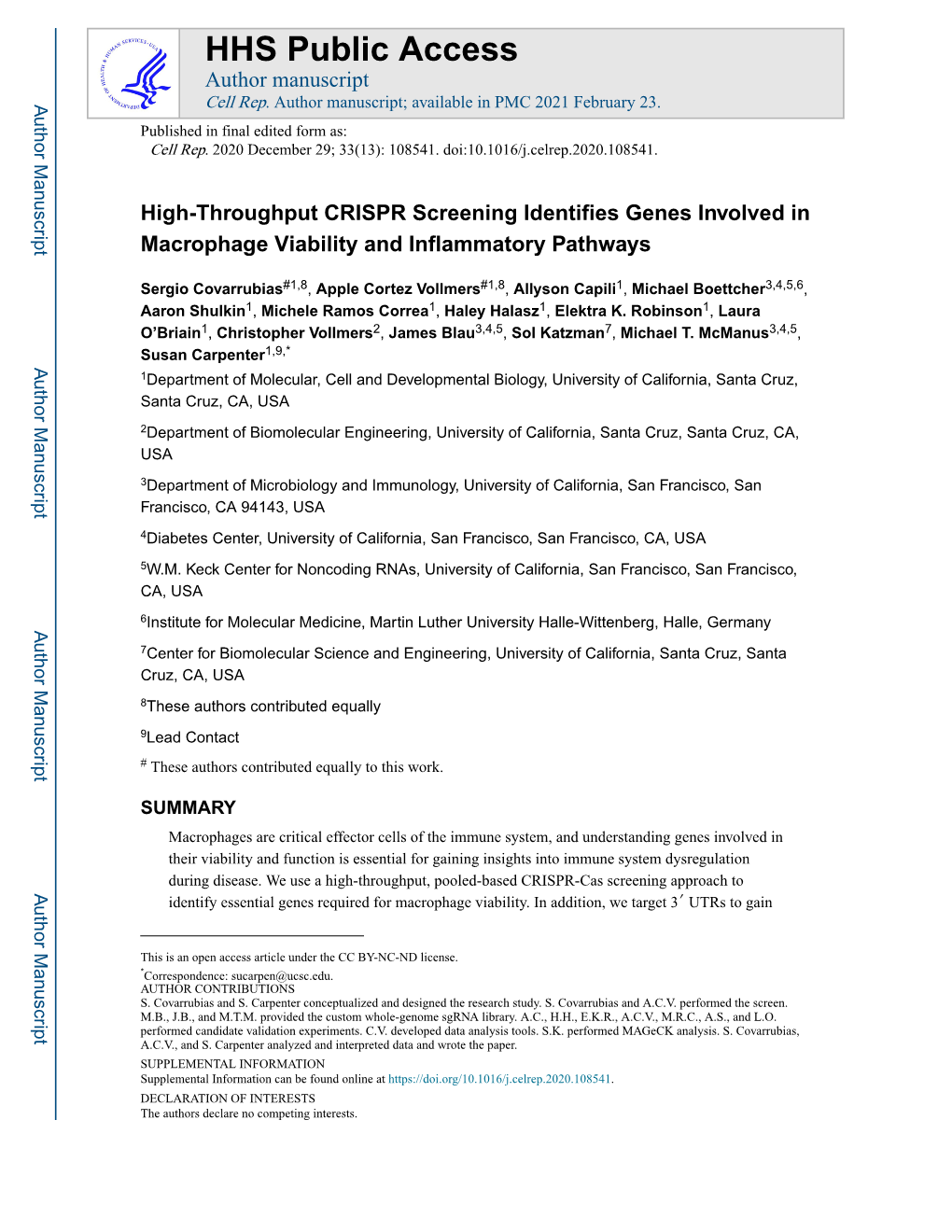 High-Throughput CRISPR Screening Identifies Genes Involved in Macrophage Viability and Inflammatory Pathways