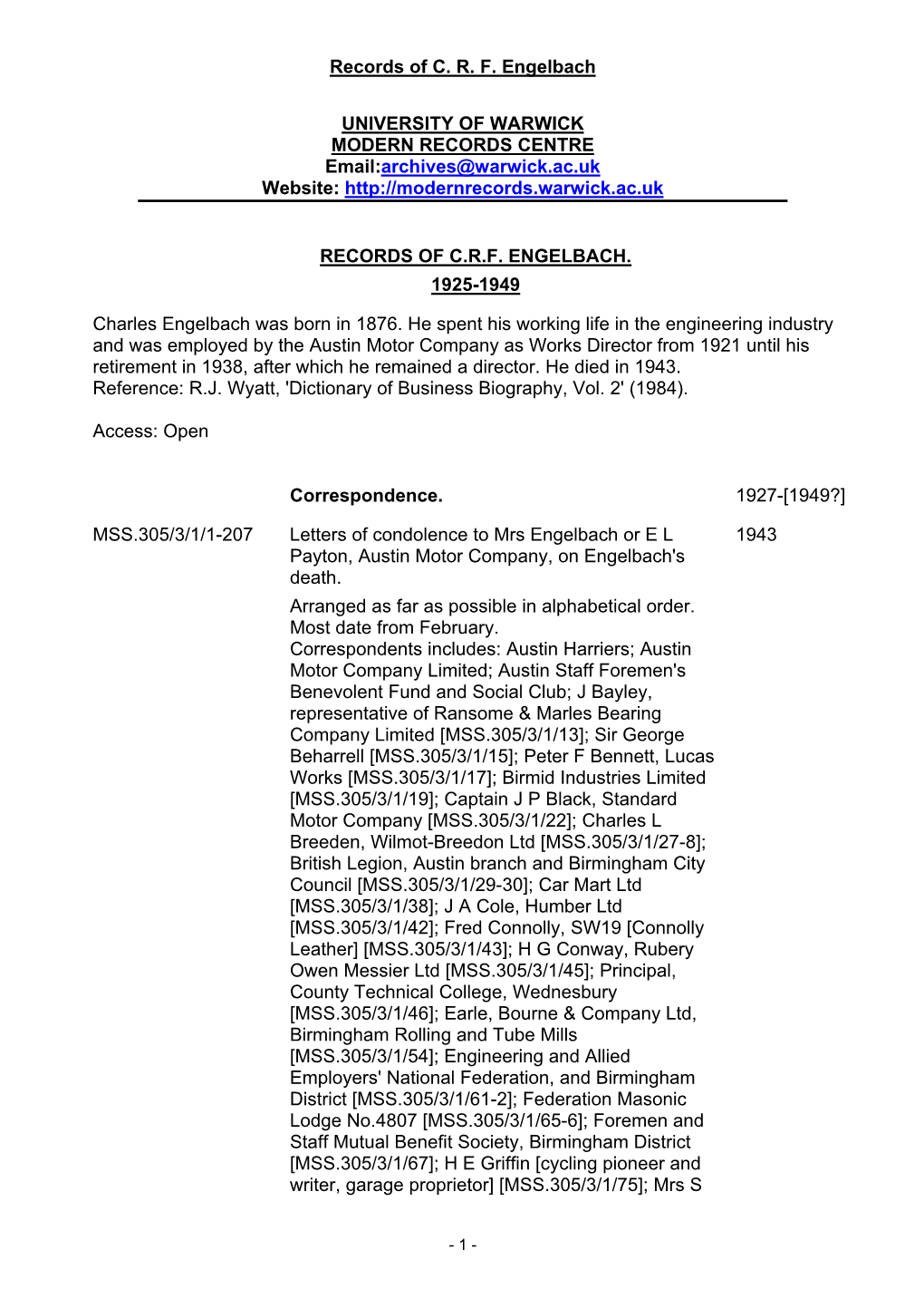 Records of C. R. F. Engelbach UNIVERSITY of WARWICK