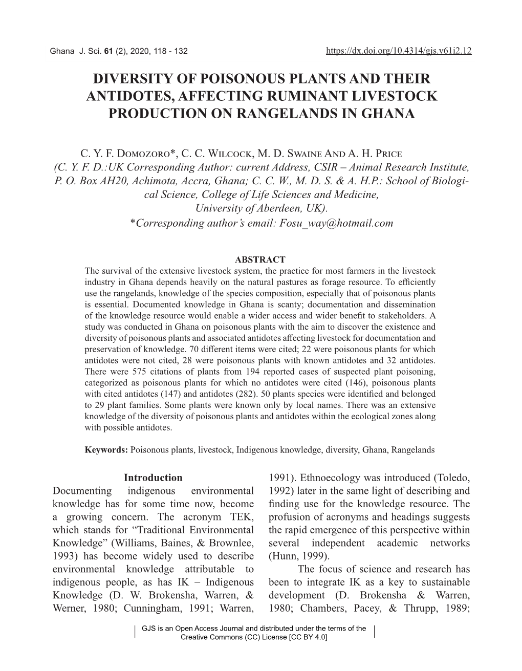 Diversity of Poisonous Plants and Their Antidotes, Affecting Ruminant Livestock Production on Rangelands in Ghana