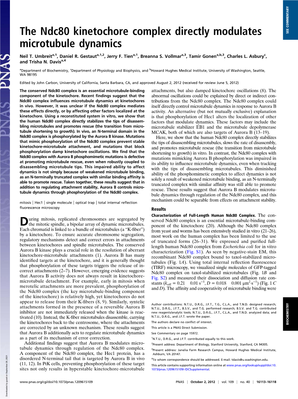 The Ndc80 Kinetochore Complex Directly Modulates Microtubule Dynamics