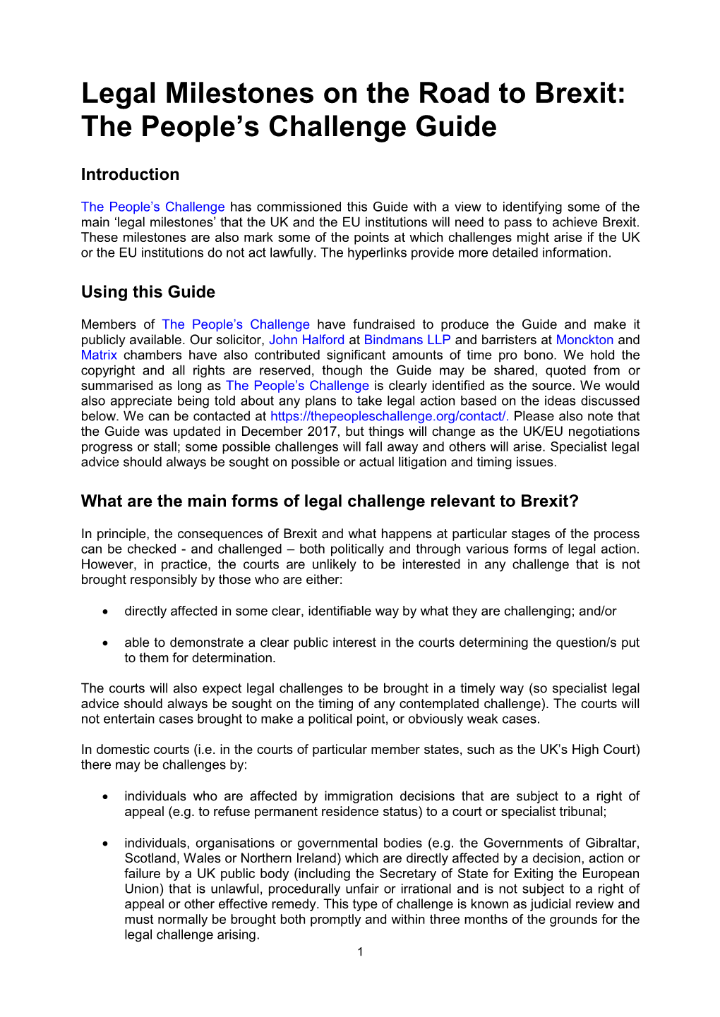 Legal Milestones on the Road to Brexit: the People's Challenge Guide