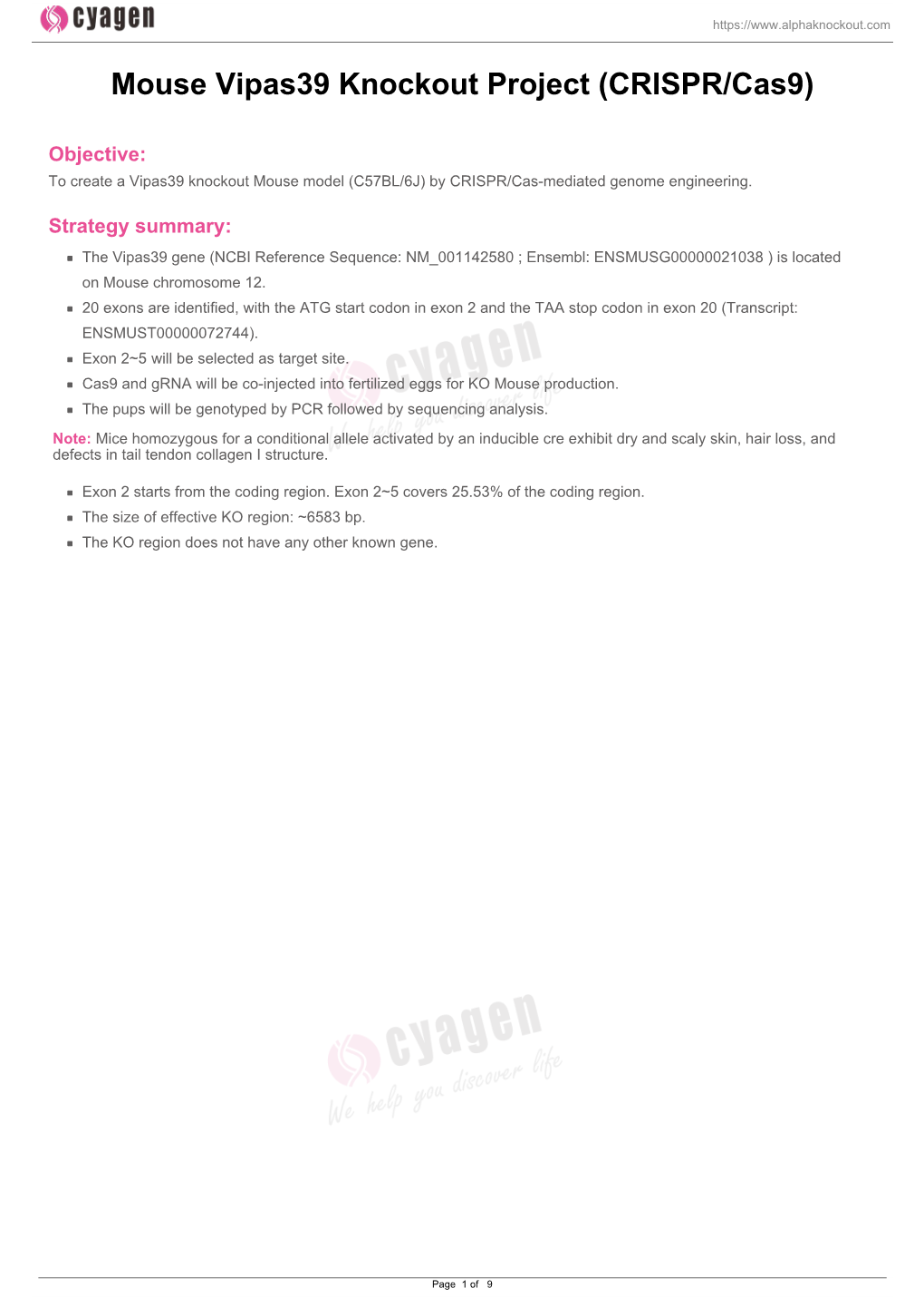 Mouse Vipas39 Knockout Project (CRISPR/Cas9)