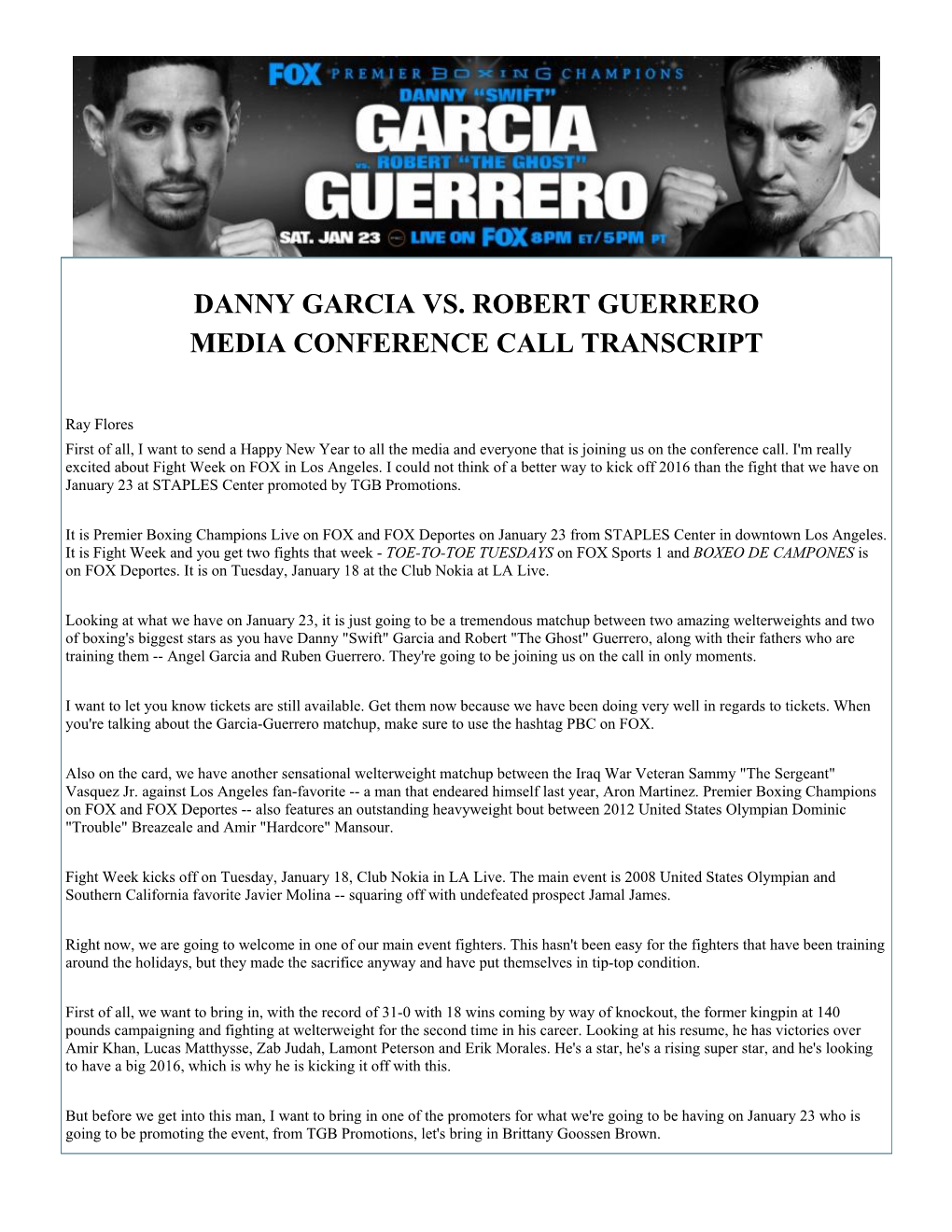 Danny Garcia Vs. Robert Guerrero Media Conference Call Transcript