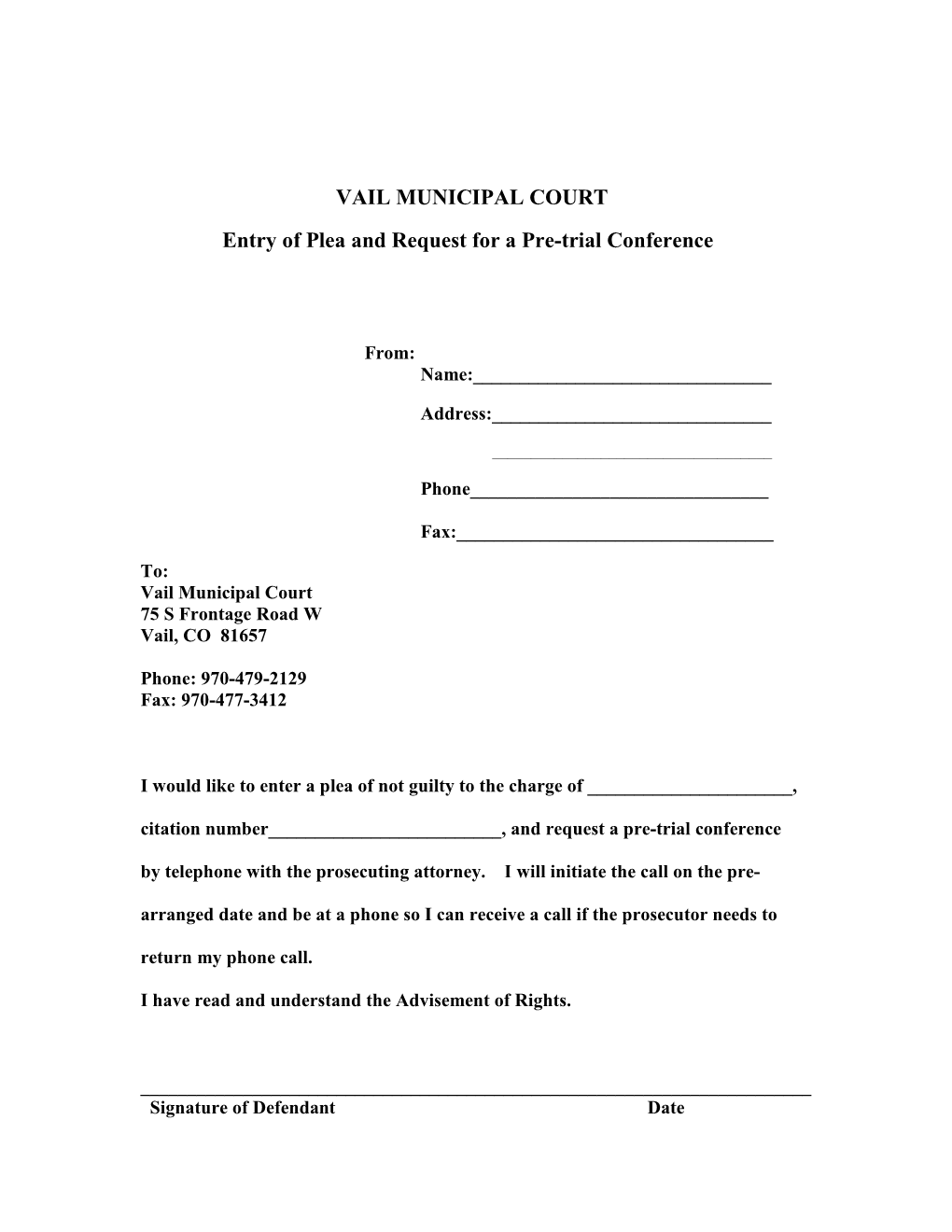 VAIL MUNICIPAL COURT Entry of Plea and Request for a Pre-Trial Conference