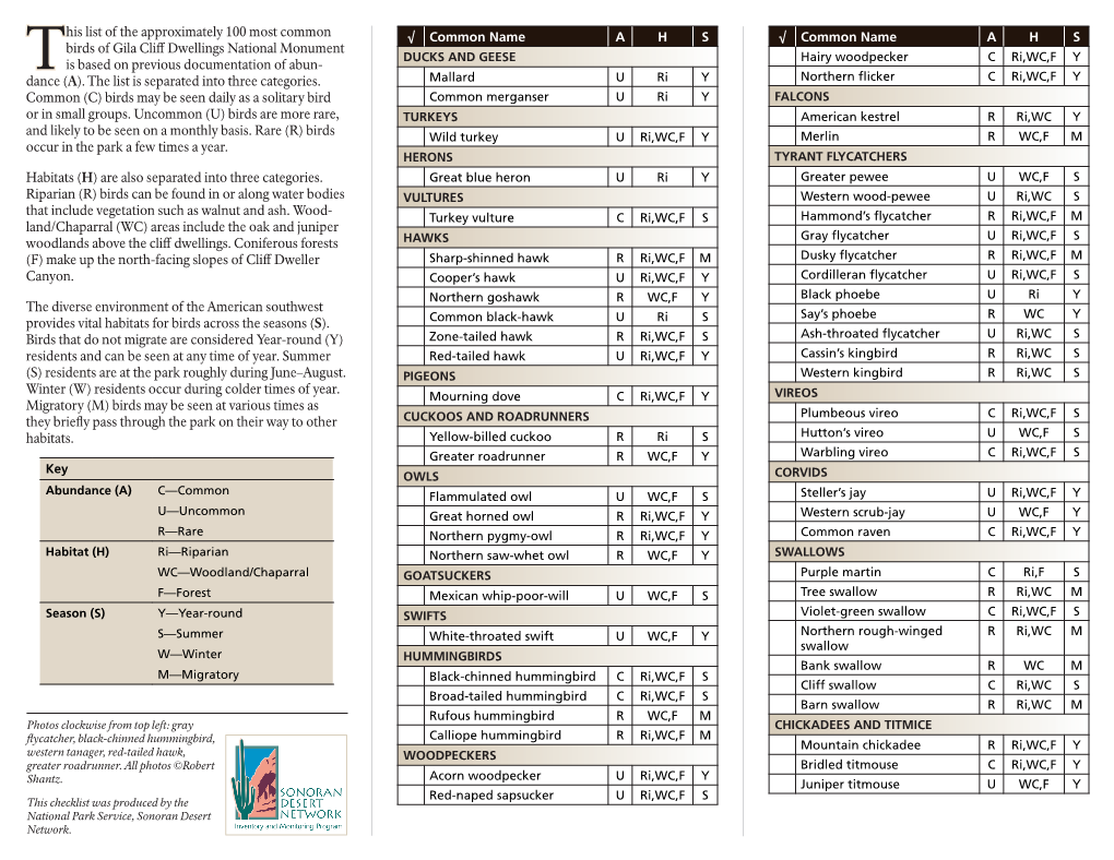 Bird Checklist for Gila Cliff Dwellings National Monument