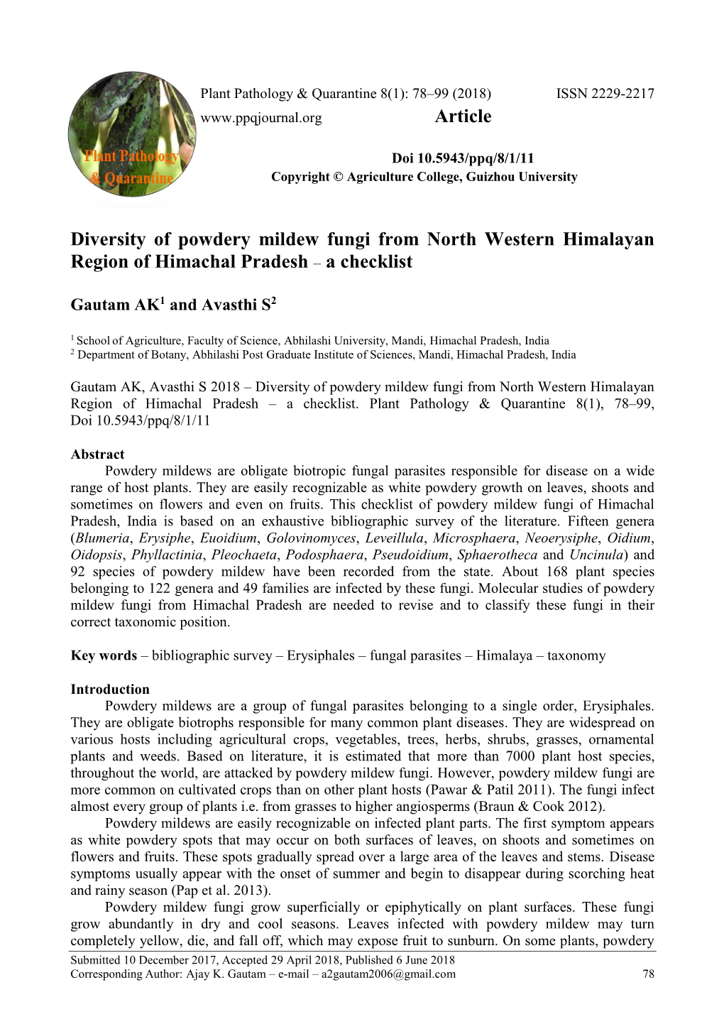 Diversity of Powdery Mildew Fungi from North Western Himalayan Region of Himachal Pradesh – a Checklist