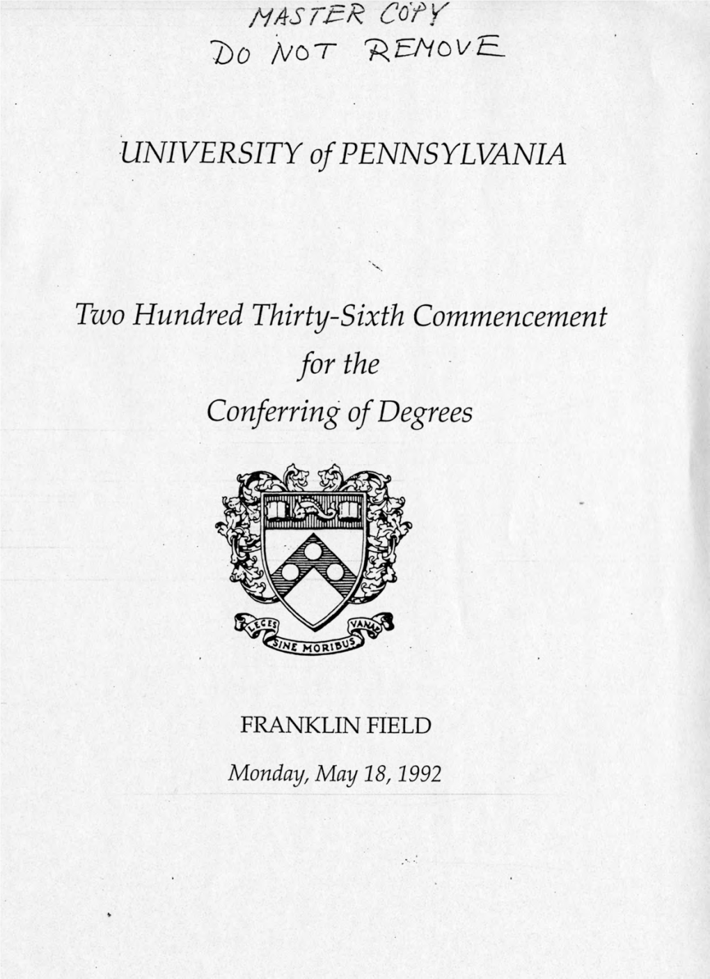 1992 Commencement Program, University Archives, University Of