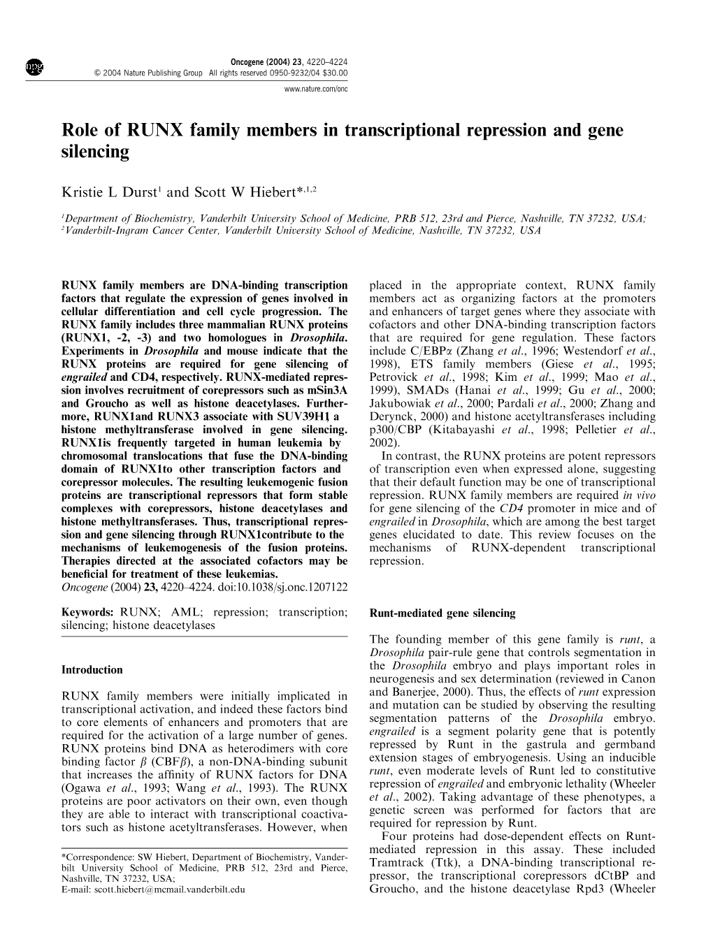 Role of RUNX Family Members in Transcriptional Repression and Gene Silencing