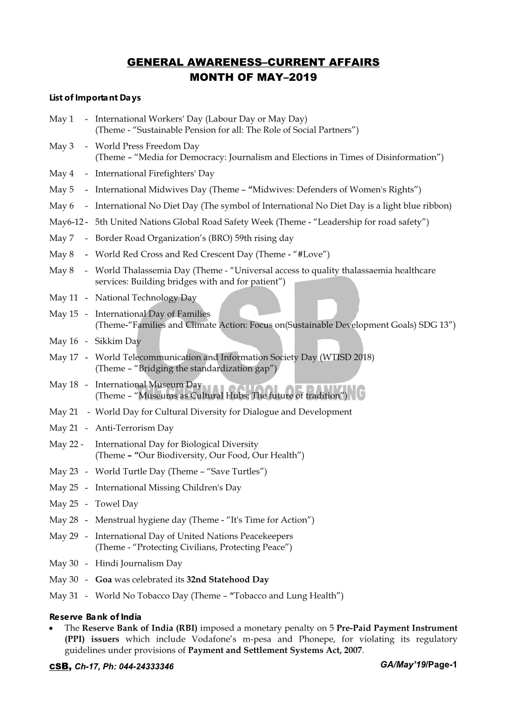 General Awareness–Current Affairs Month of May–2019