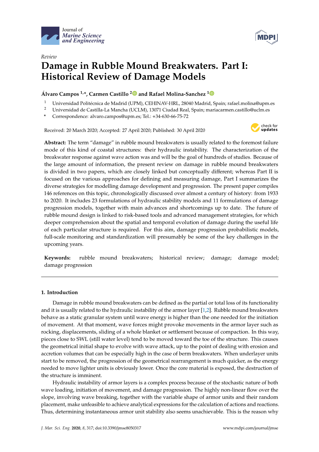 Damage in Rubble Mound Breakwaters. Part I: Historical Review of Damage Models