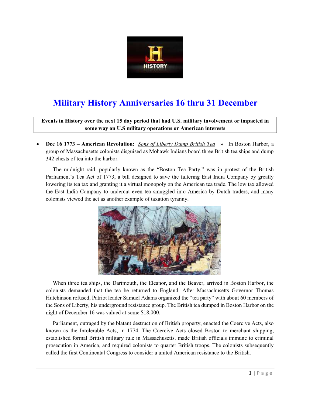 Military History Anniversaries 16 Thru 31 December