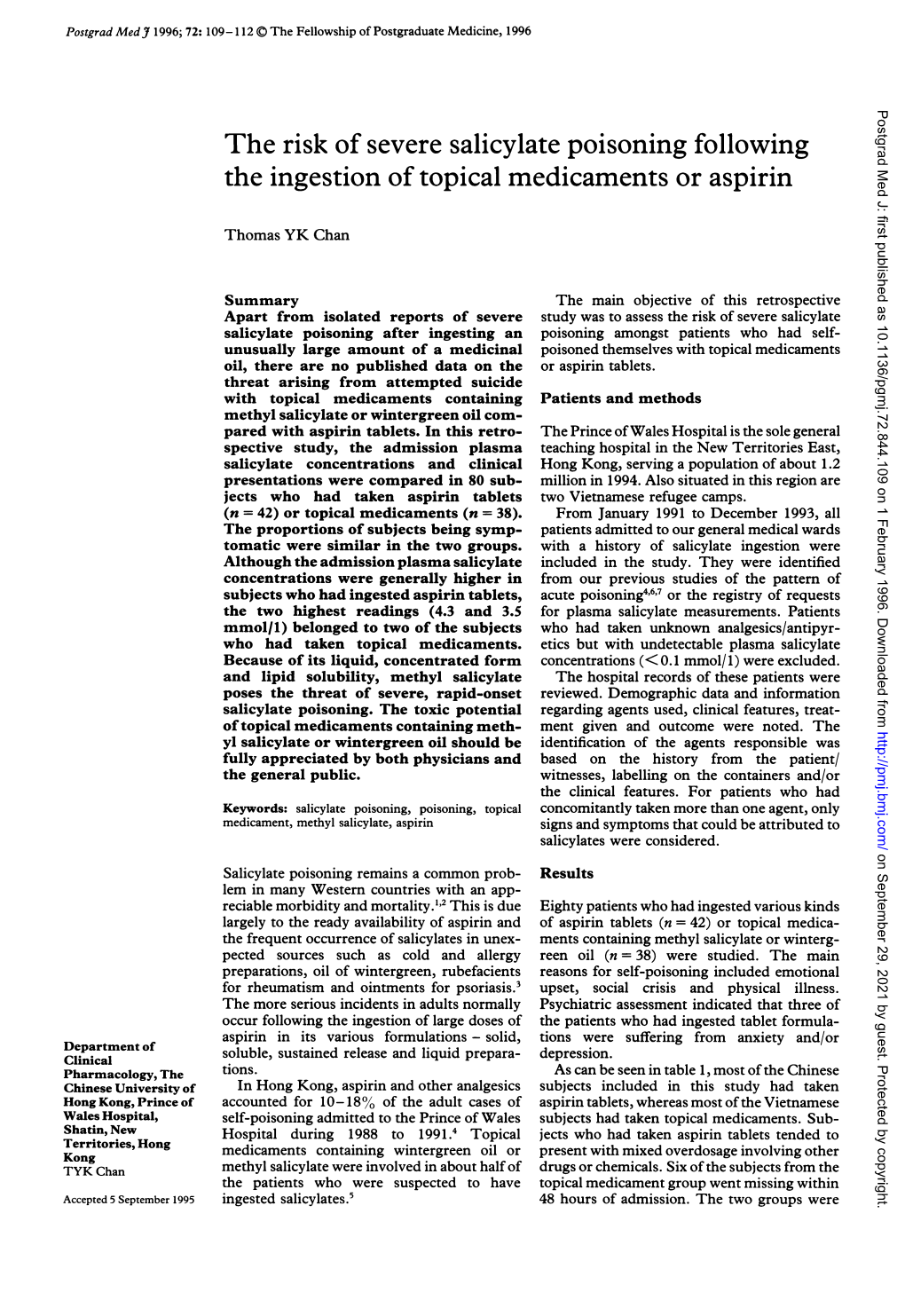 The Risk of Severe Salicylate Poisoning Following the Ingestion of Topical Medicaments Or Aspirin