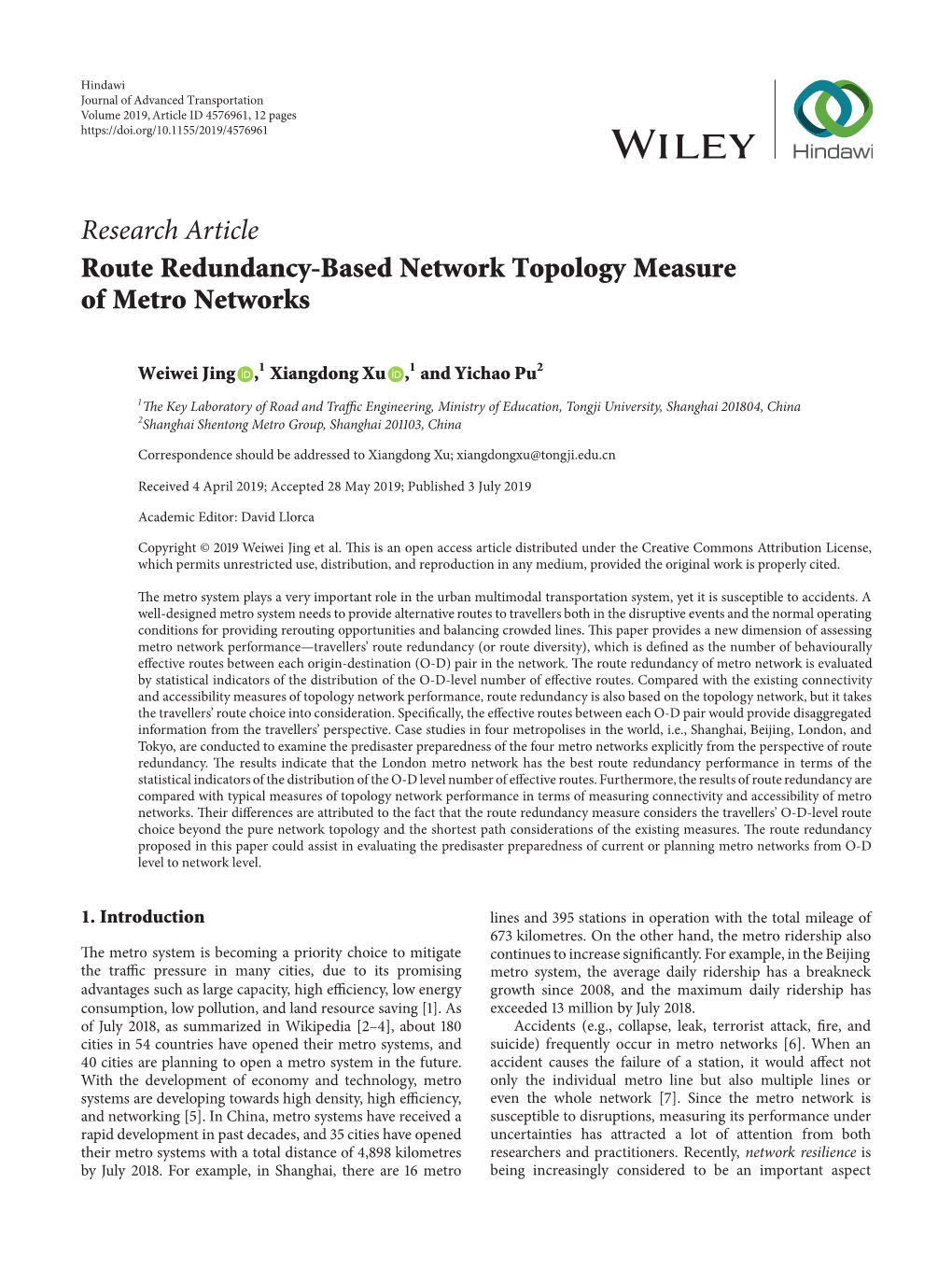 Research Article Route Redundancy-Based Network Topology Measure of Metro Networks