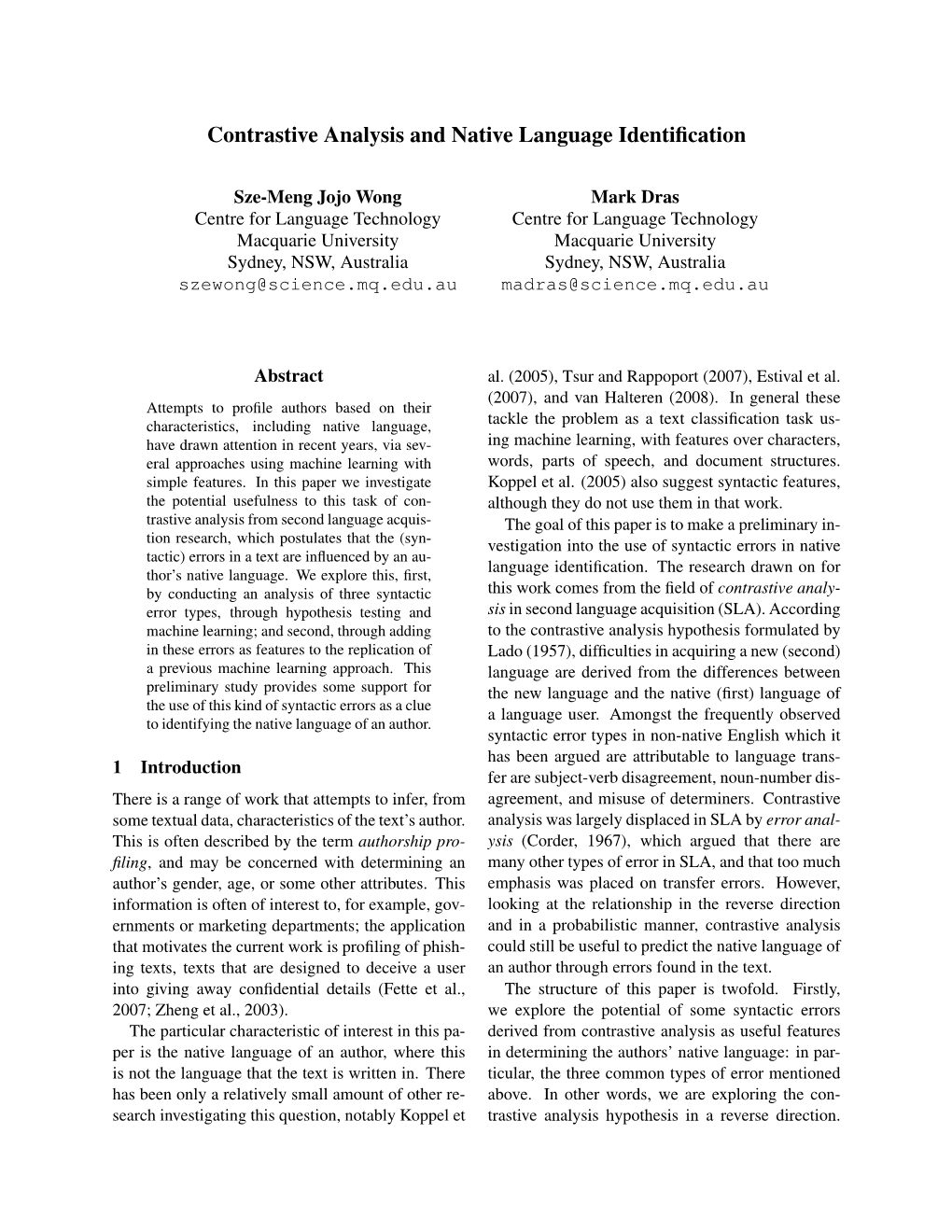 Contrastive Analysis and Native Language Identification