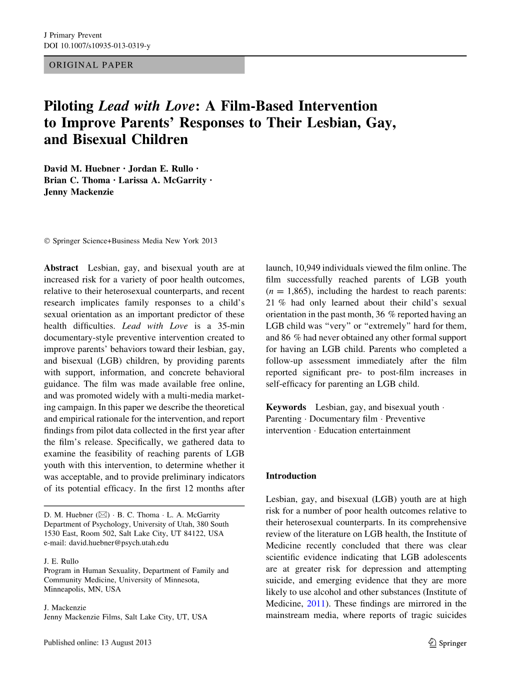 Piloting Lead with Love: a Film-Based Intervention to Improve Parents’ Responses to Their Lesbian, Gay, and Bisexual Children