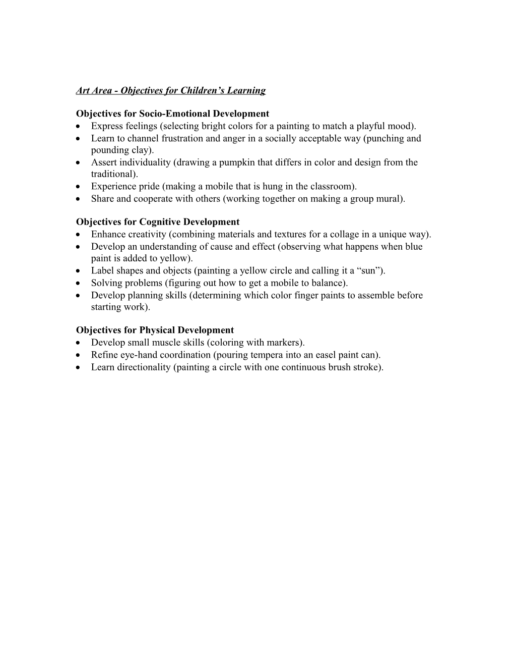 Art Area - Objectives For Children’S Learning