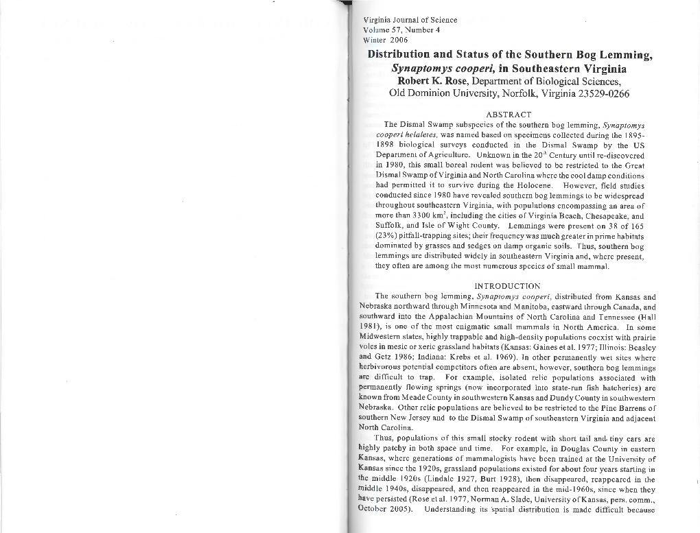 Distribution and Status of the Southern Bog Lemming, Synaptomys Cooperi, in Southeastern Virginia Robert K