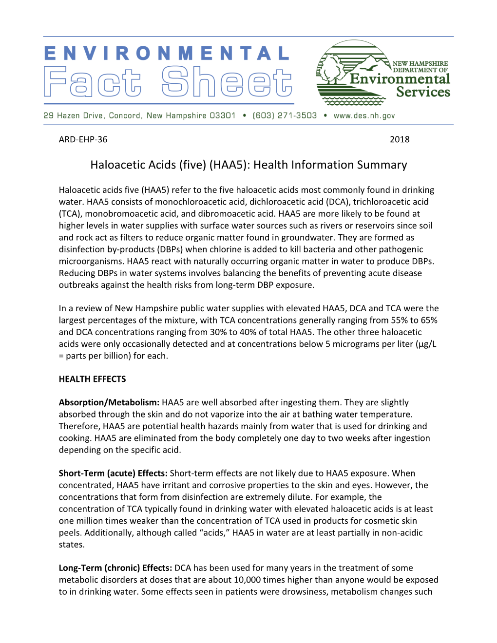 Haloacetic Acids (Five) (HAA5): Health Information Summary