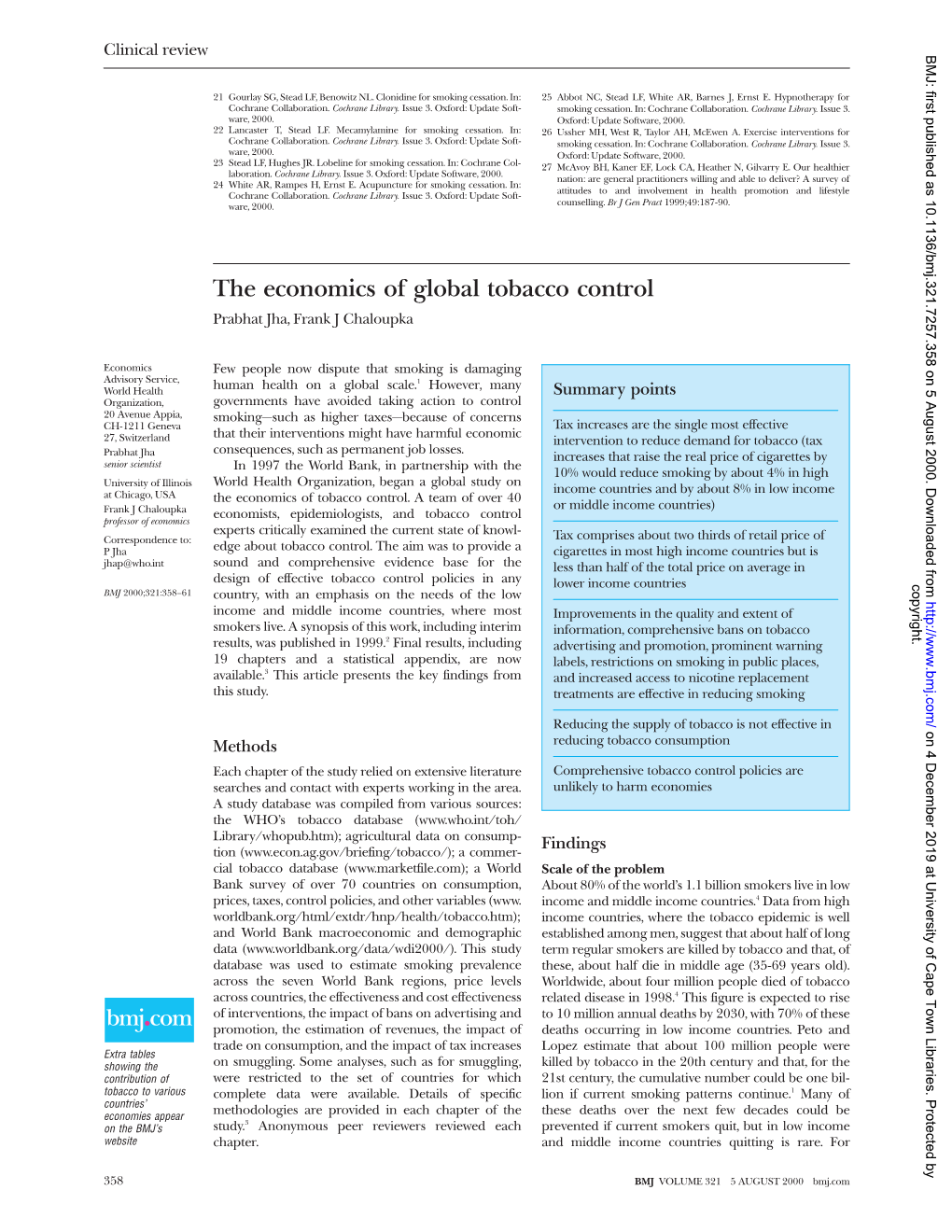 The Economics of Global Tobacco Control Prabhat Jha, Frank J Chaloupka