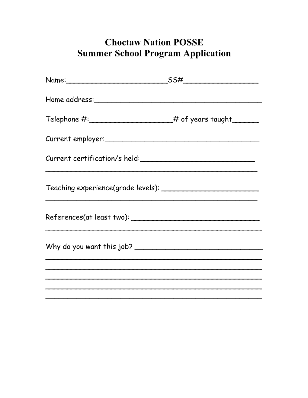 POSSE Program-Choctaw Summer School Program