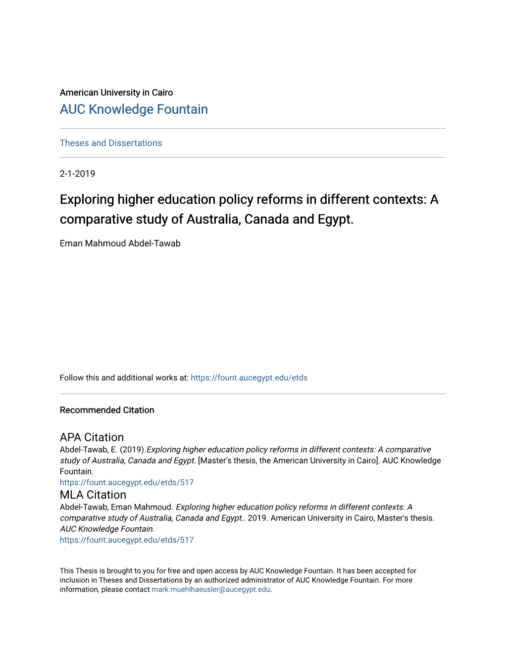Exploring Higher Education Policy Reforms in Different Contexts: a Comparative Study of Australia, Canada and Egypt