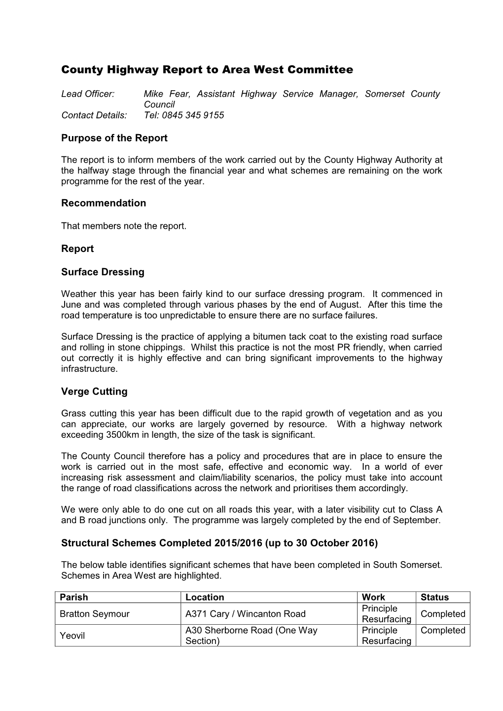 County Highway Report to Area West Committee