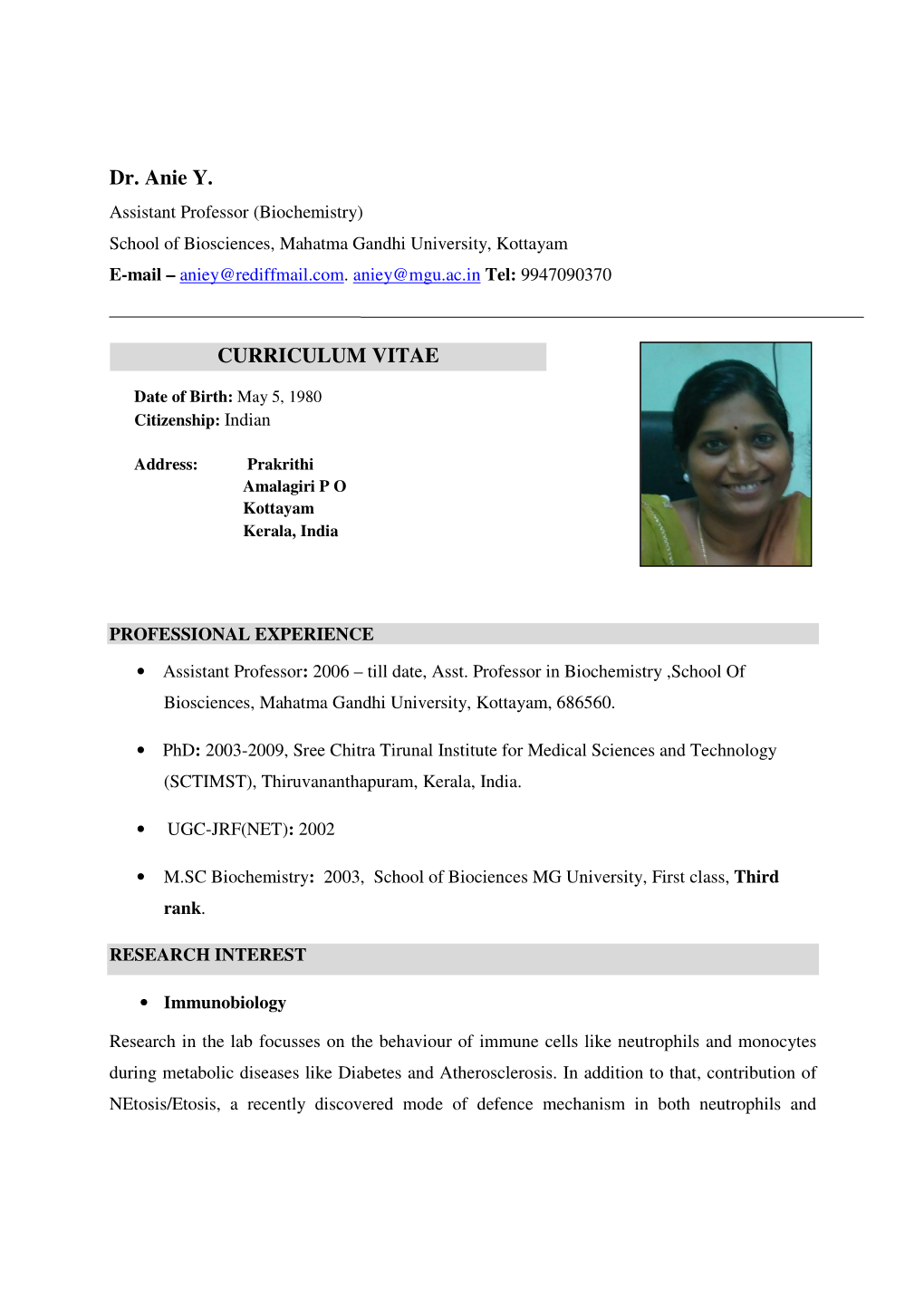 Dr. Anie Y. CURRICULUM VITAE