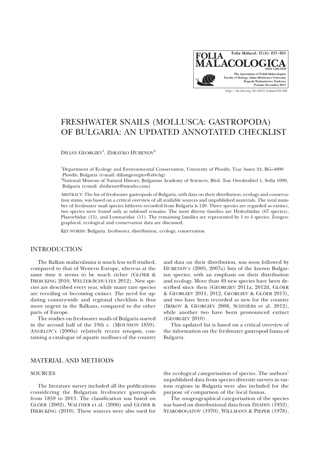 Freshwater Snails (Mollusca: Gastropoda) of Bulgaria: an Updated Annotated Checklist