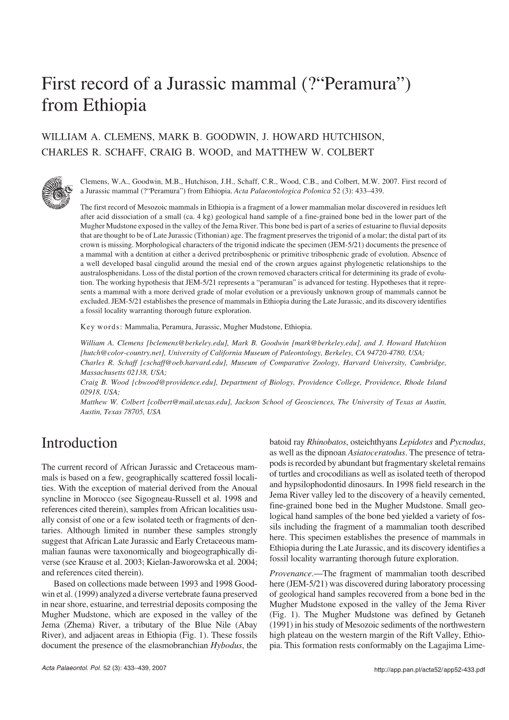 First Record of a Jurassic Mammal (?“Peramura”) from Ethiopia