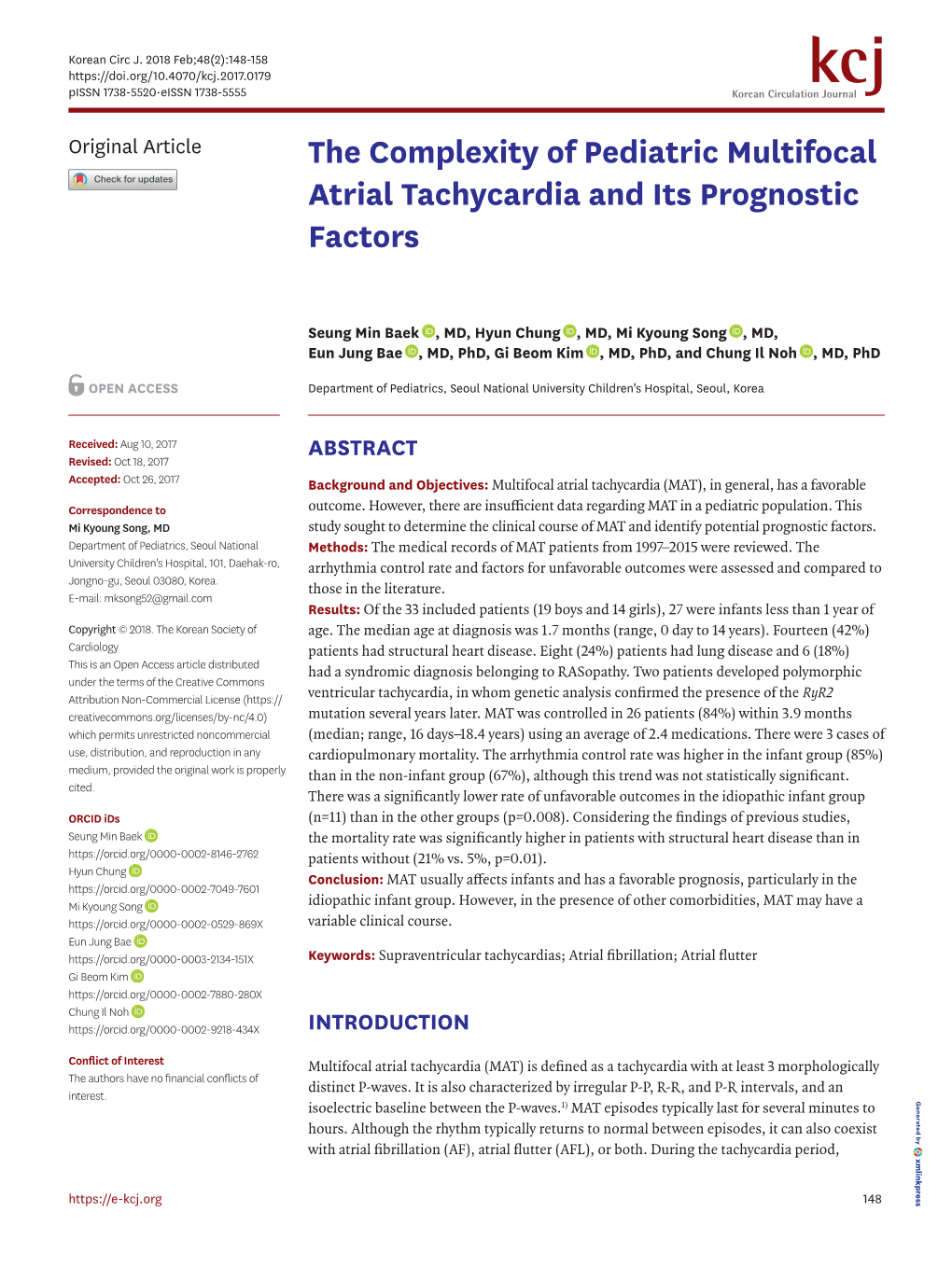 The Complexity of Pediatric Multifocal Atrial Tachycardia and Its Prognostic Factors